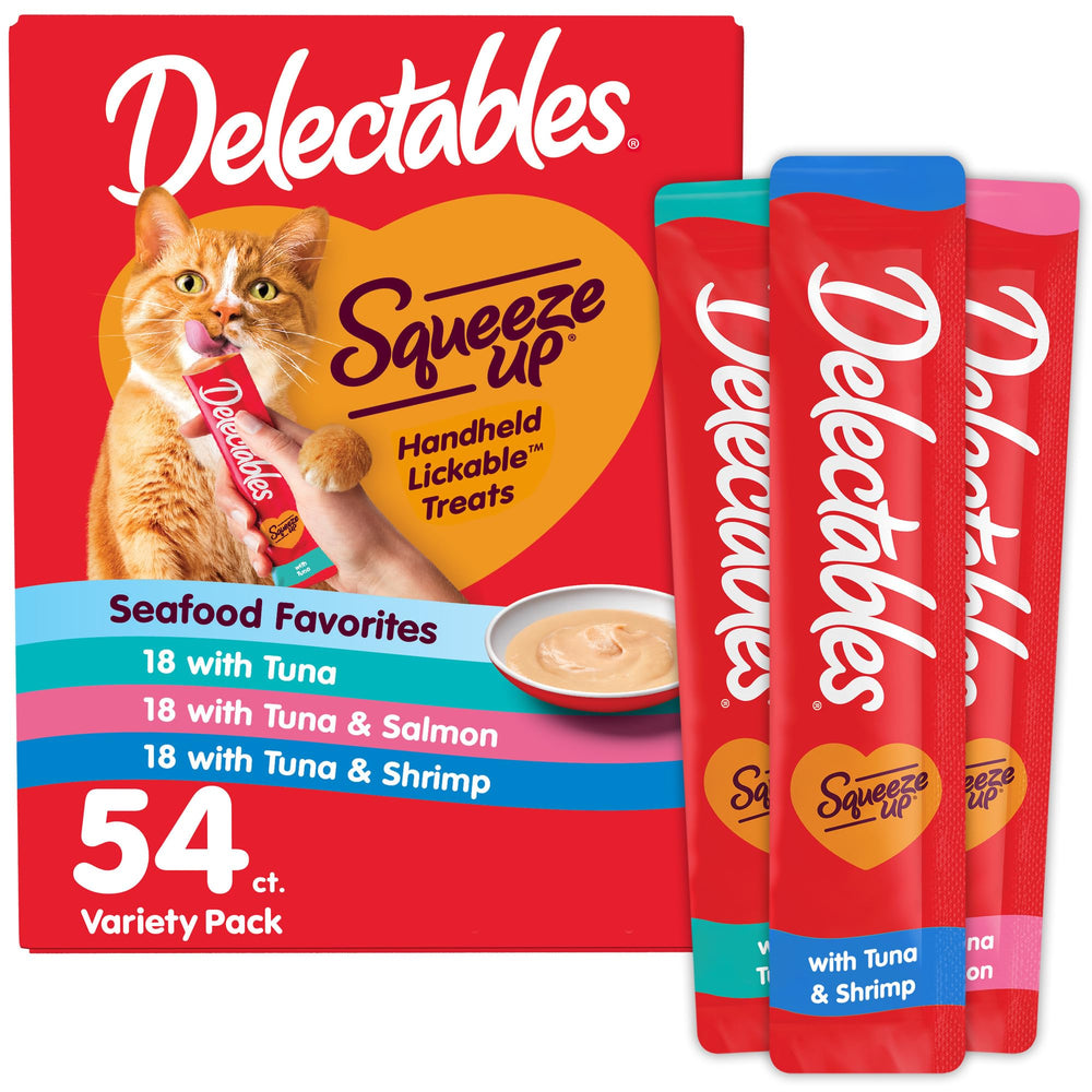 Delectables Squeeze Up variedad mariscos en tubos de 0,5 onzas, ideal para recompensas diarias.