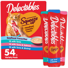 Delectables Squeeze Up variedad mariscos en tubos de 0,5 onzas, ideal para recompensas diarias.