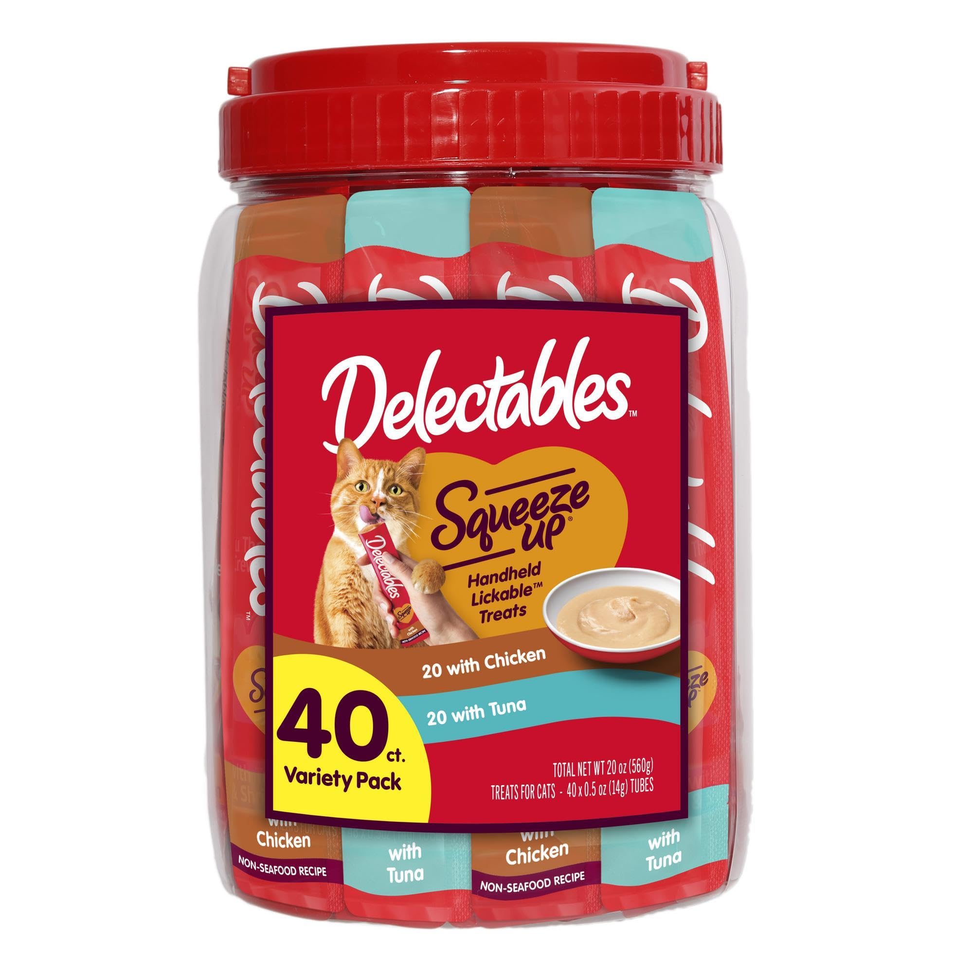 Delectables Squeeze Up: vista frontal de los 40 tubos para gato.