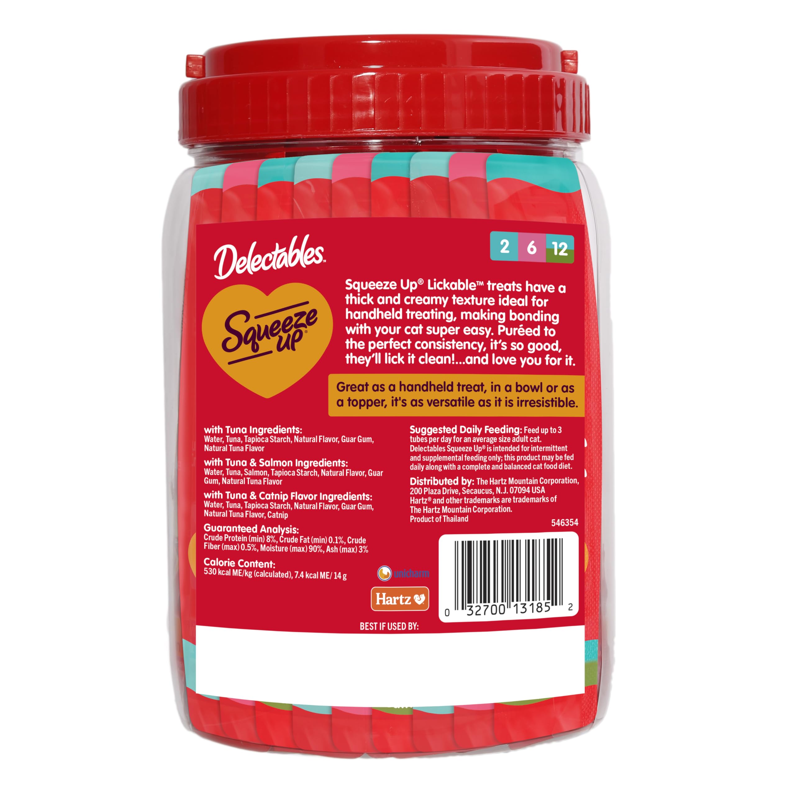 Delectables Squeeze Up Tuna, sabor atún y salmón que atrae felinos.