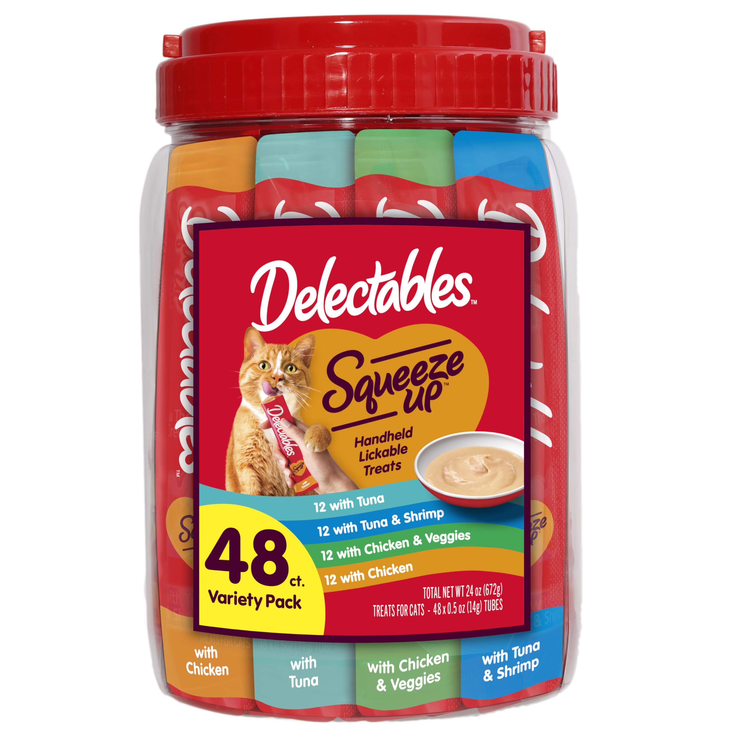 Delectables Squeeze Up variedad de tubitos para premiar fácilmente y aumentar la hidratación del gato.