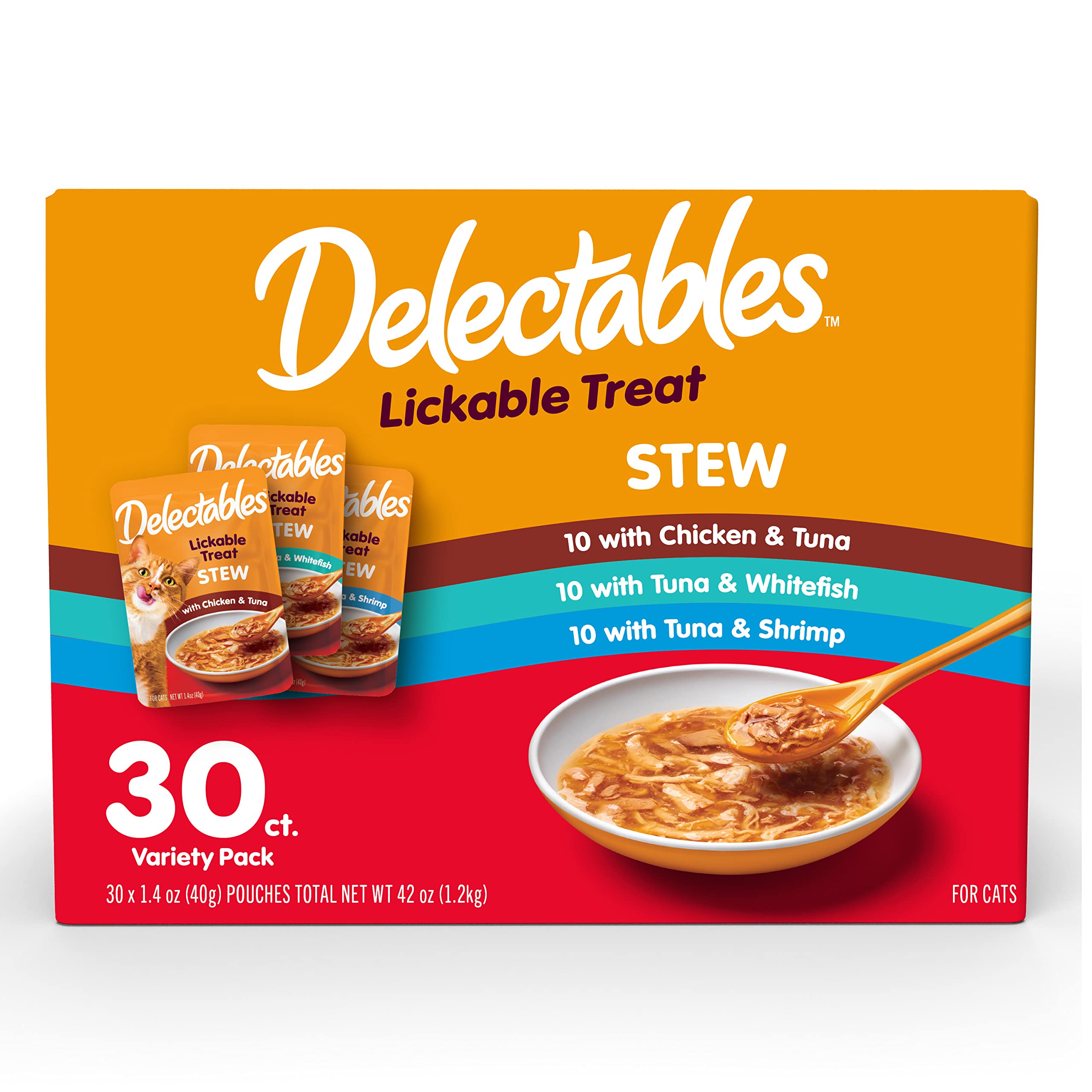 Delectables Stew pack variedad para gatos adultos, ideal como topper sabroso.