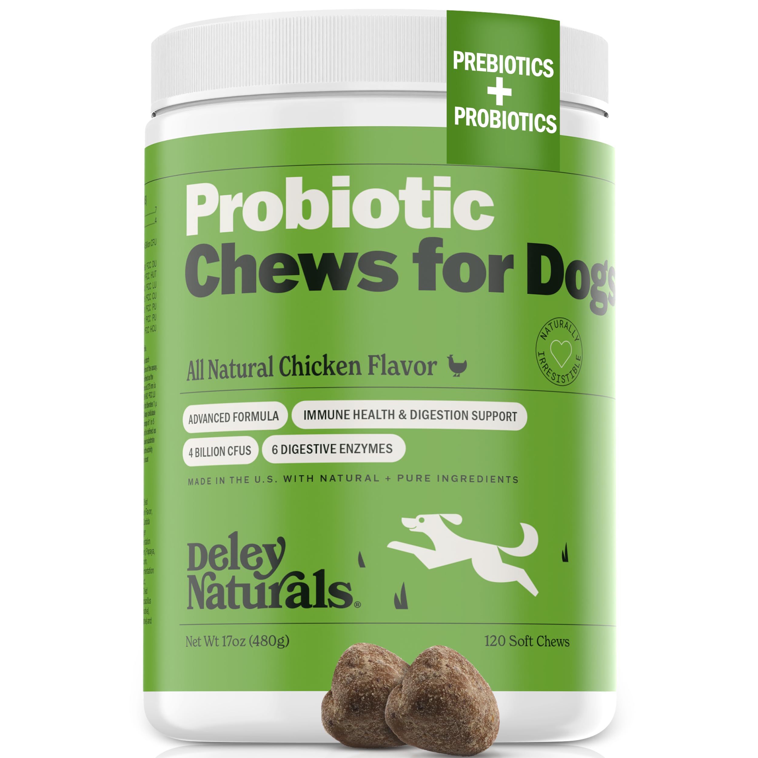 Deley Naturals Dog Probiotic Chews empaque frontal con apoyo digestivo
