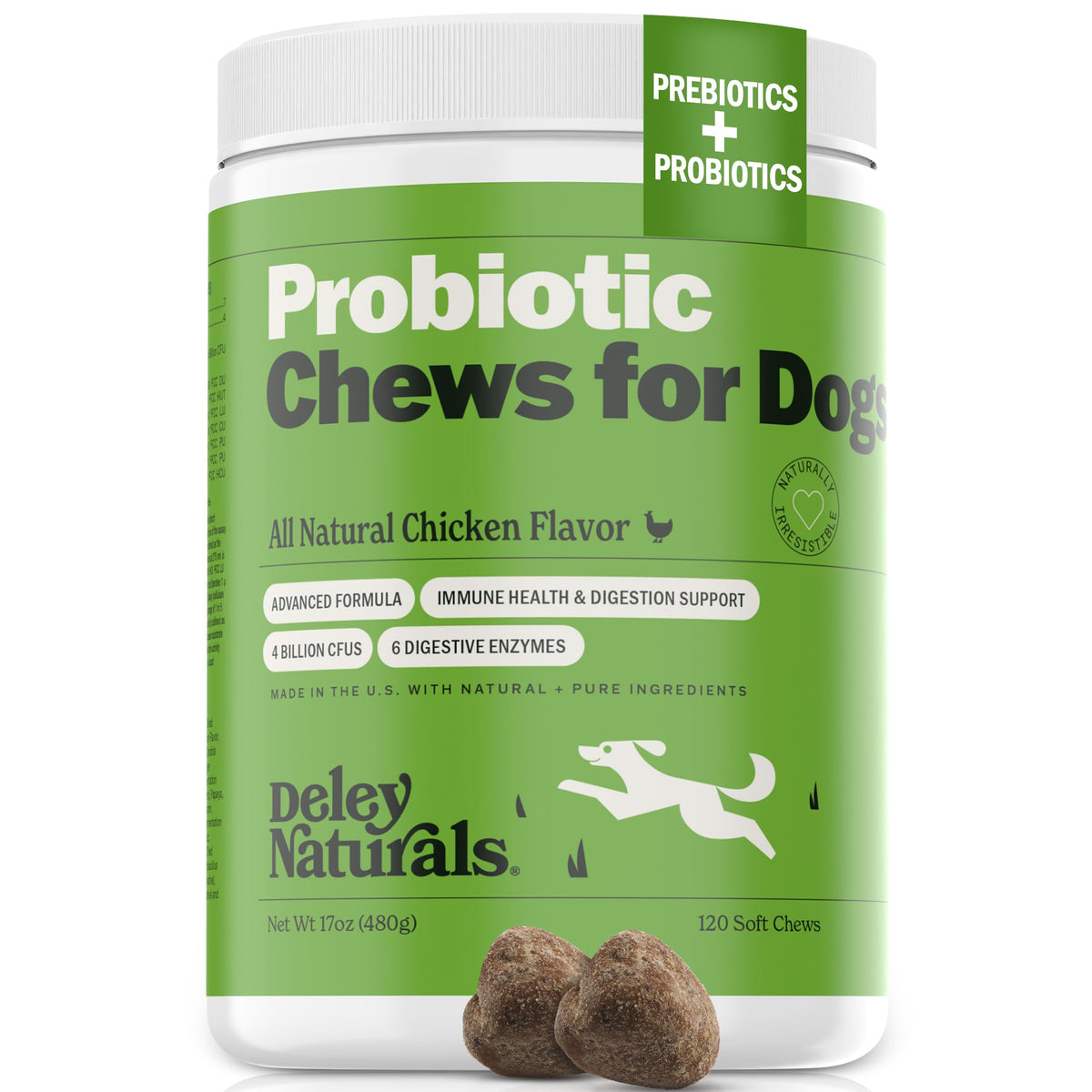 Deley Naturals Dog Probiotic Chews empaque frontal con apoyo digestivo
