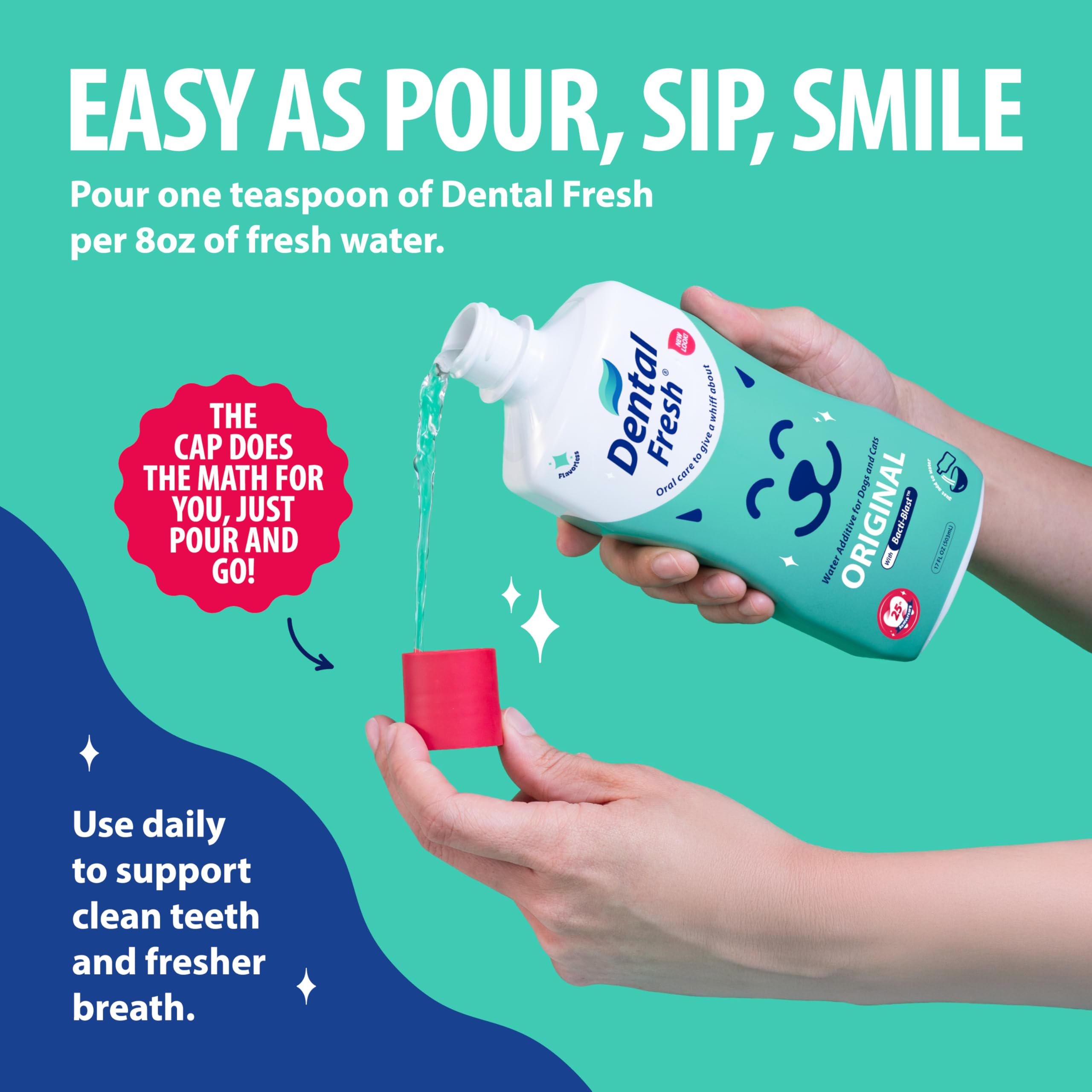 Dental Fresh-uso-diario se integra al agua para un cuidado oral constante.