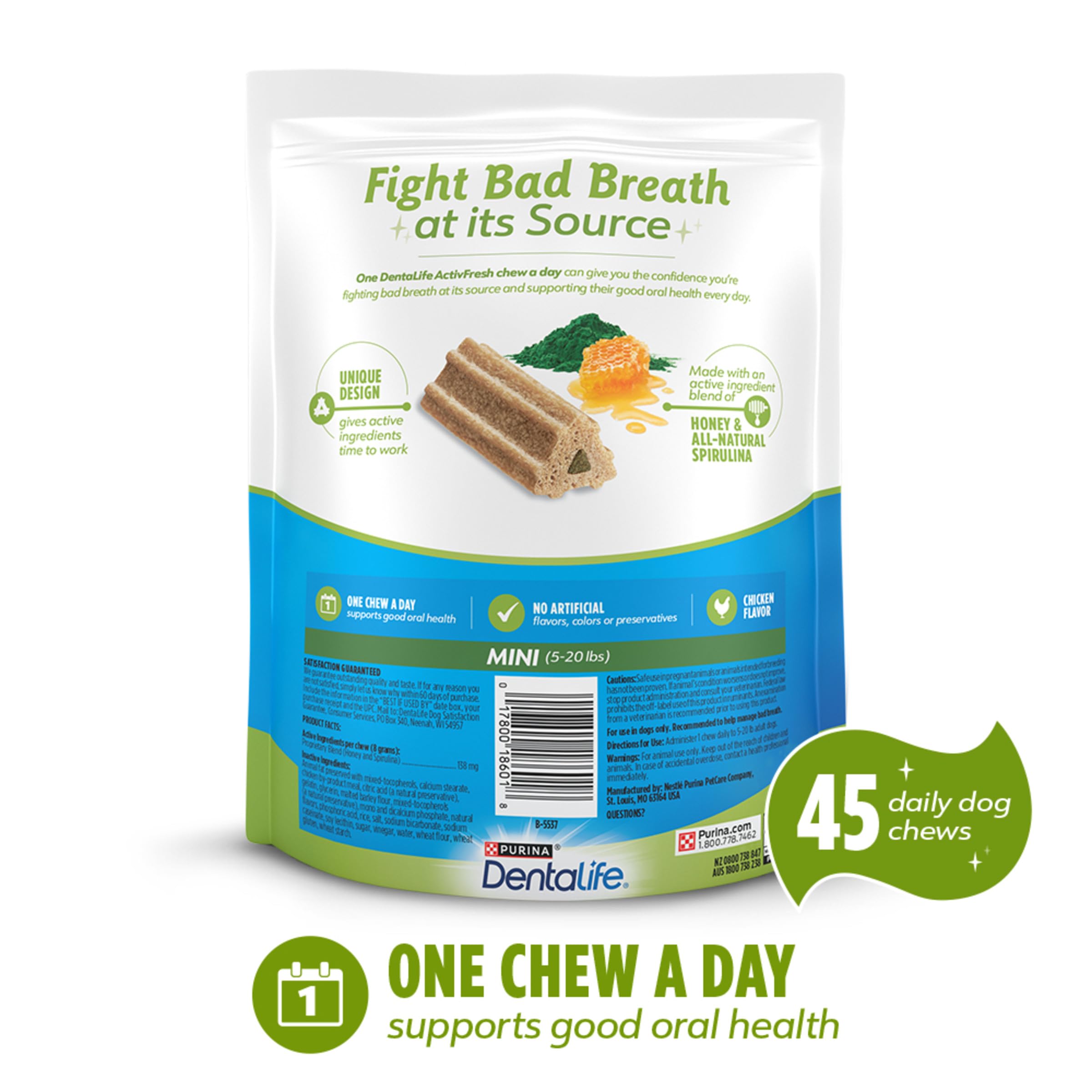Dentalife ActivFresh: ingredientes miel y spirulina dentro del mordisco