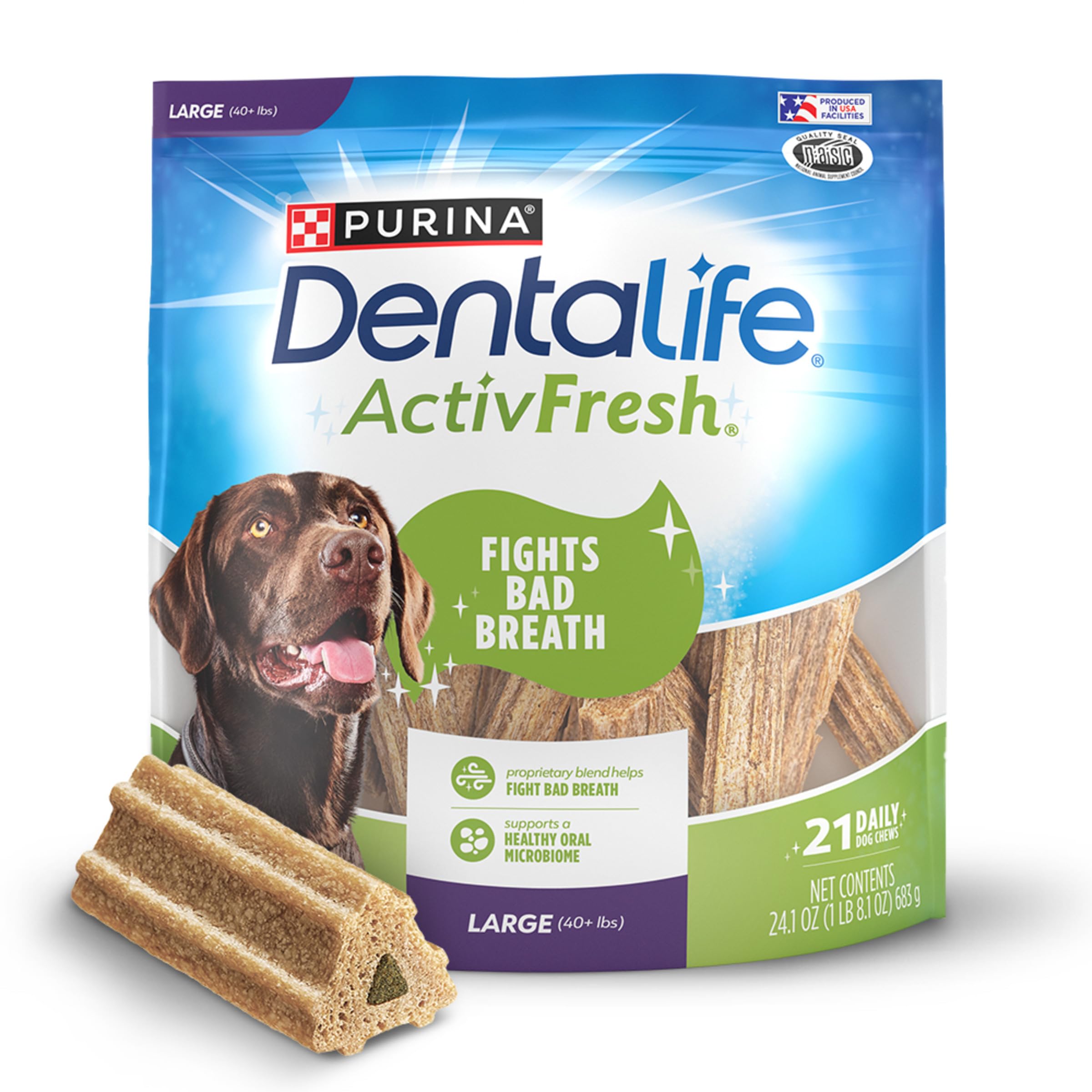 Dentalife ActivFresh large dog chews pack shown for large breeds to support oral care