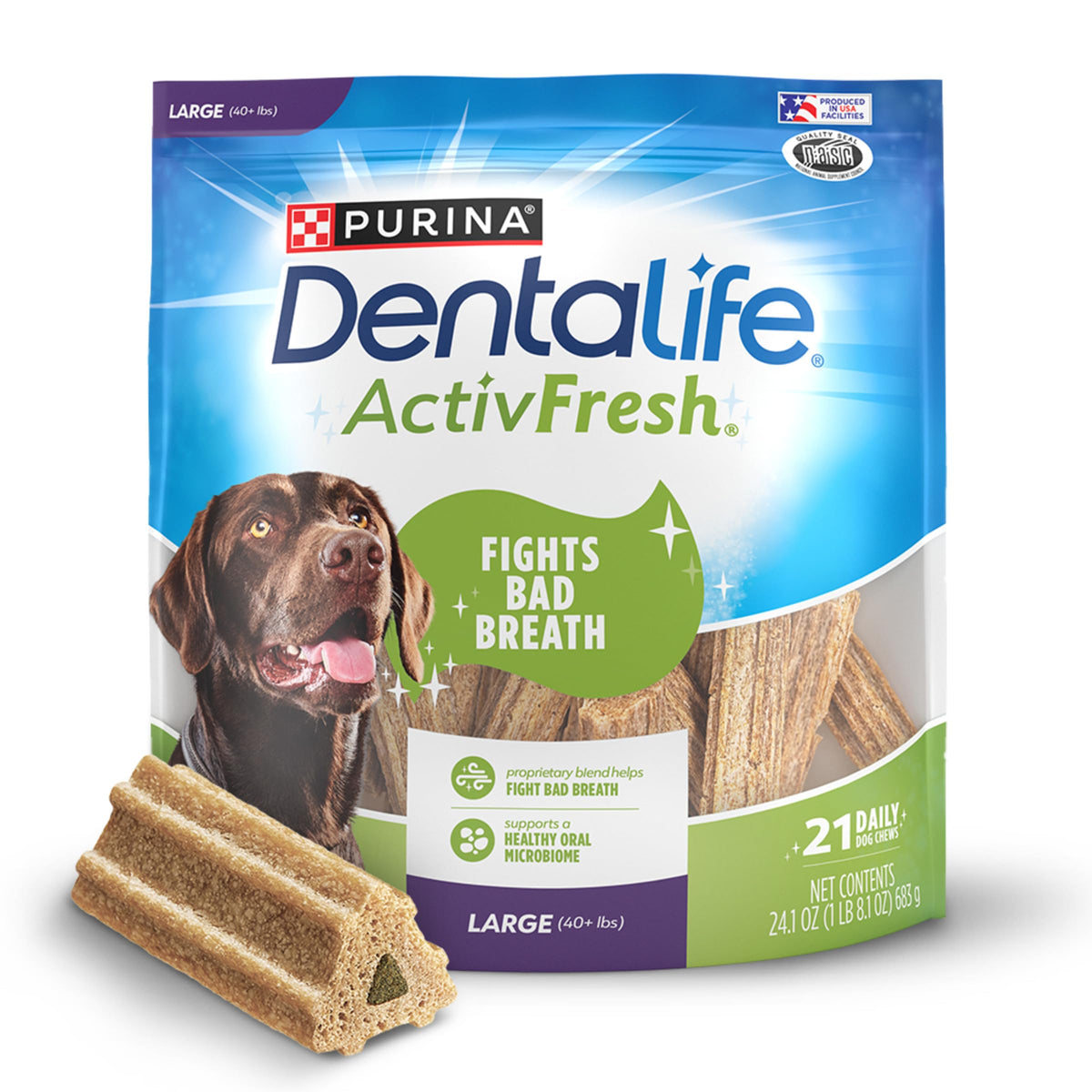Dentalife ActivFresh large dog chews pack shown for large breeds to support oral care