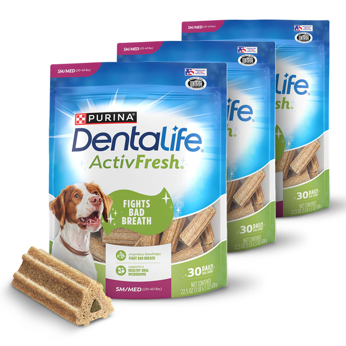 DentaLife ActivFresh: paquete de 3 bolsas para perros, aliento fresco y uso diario.