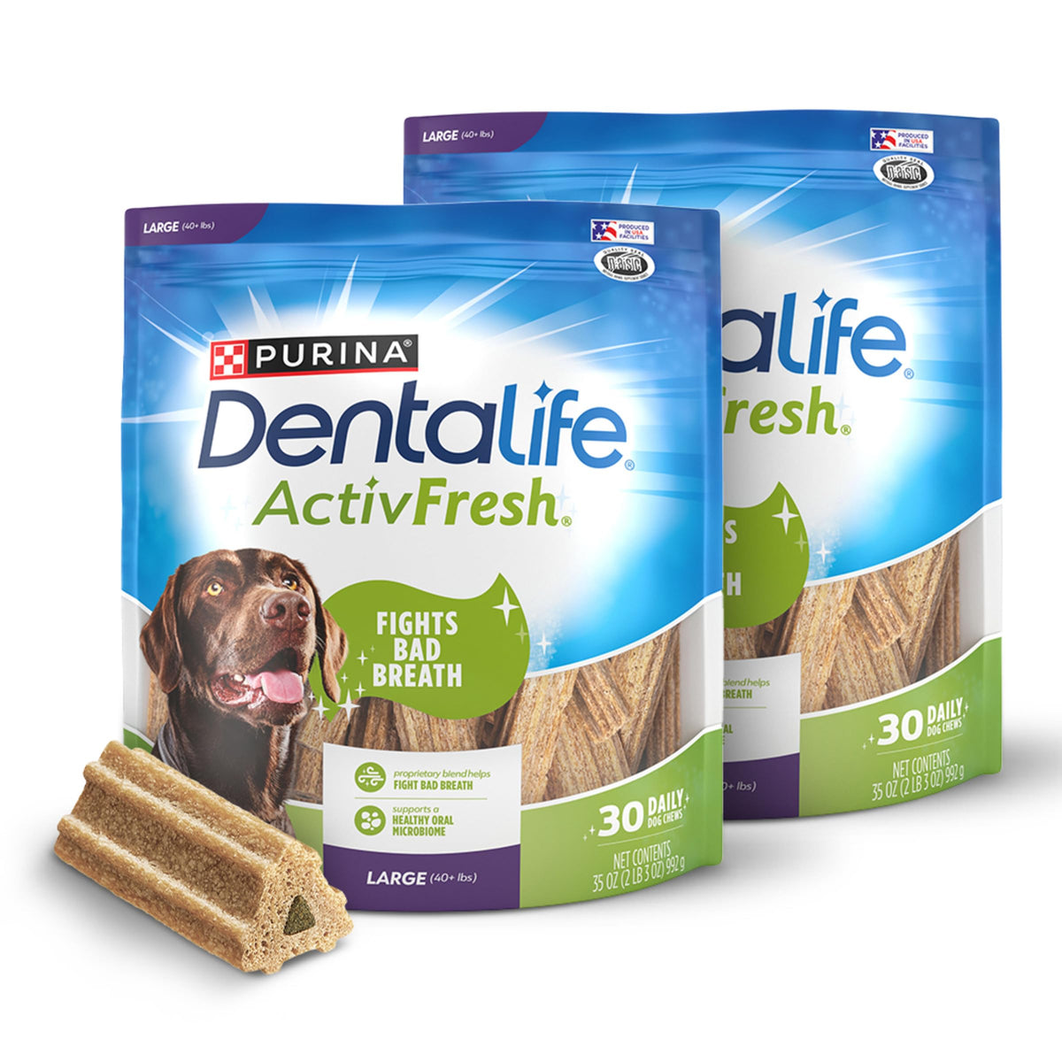 DentaLife ActivFresh, dos paquetes visibles, ayuda a refrescar el aliento.
