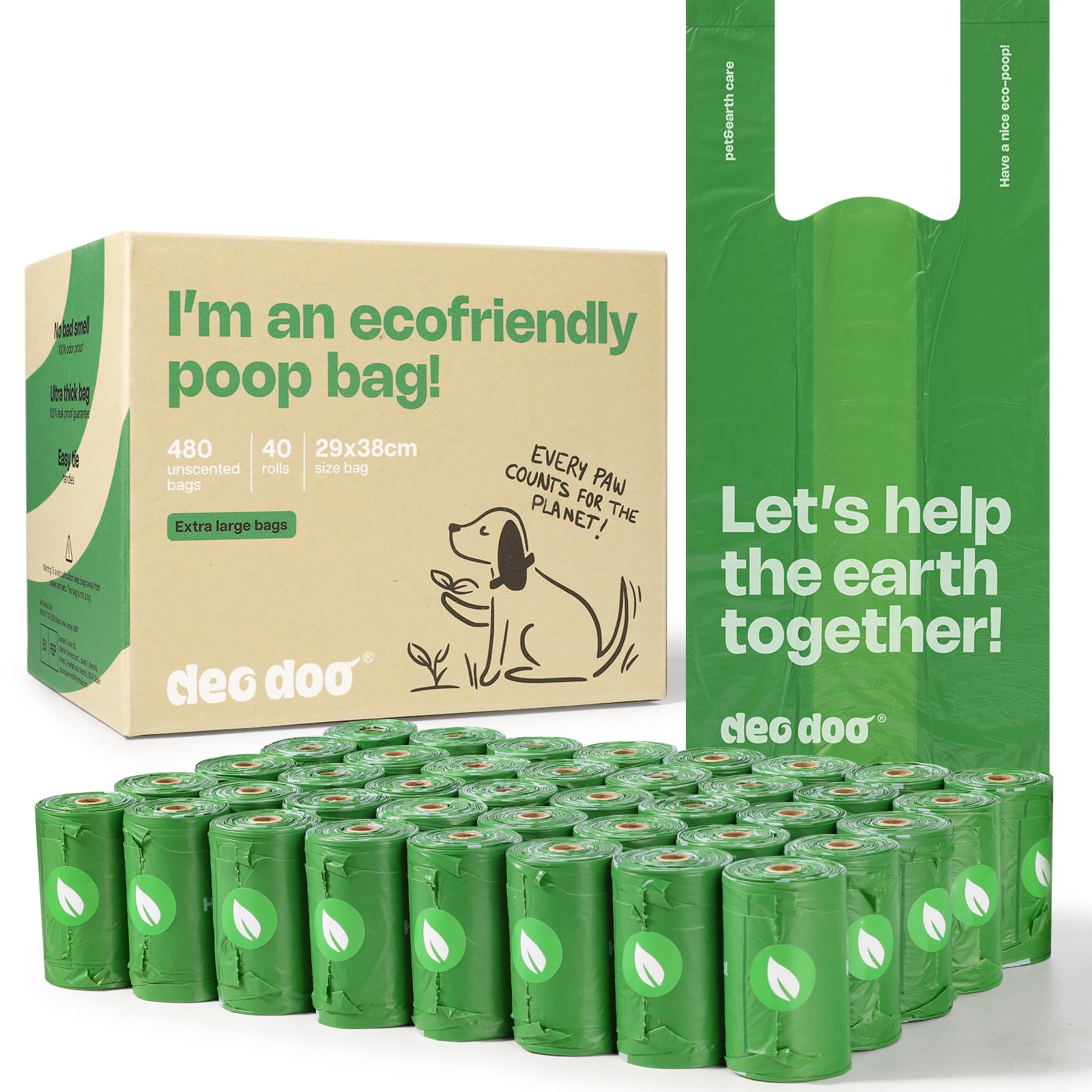 Bolsas Deo Doo para heces con asa, frente del empaque, para paseos limpios.