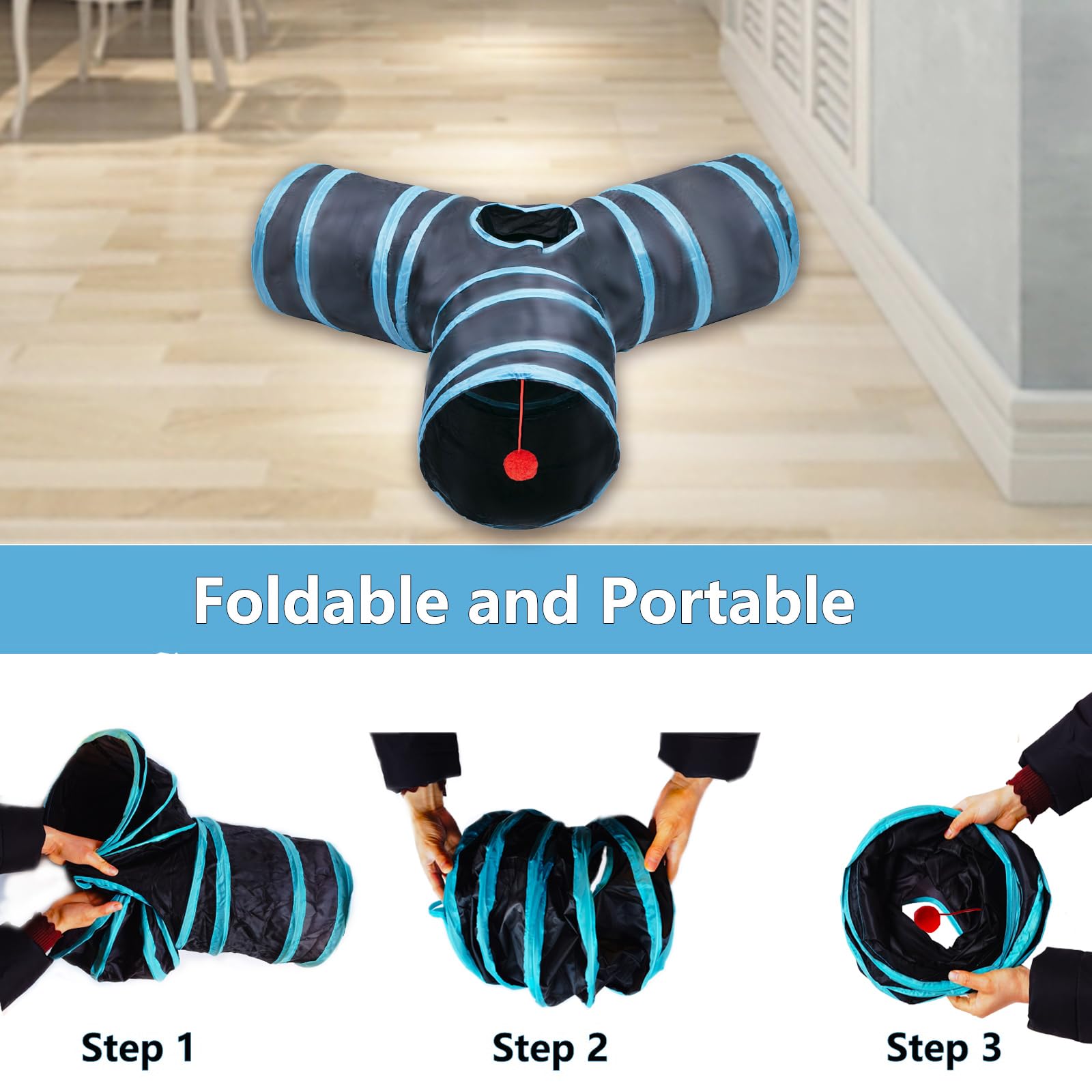 Deofun tunel gato plegable azul, almacenamiento compacto y fácil transporte
