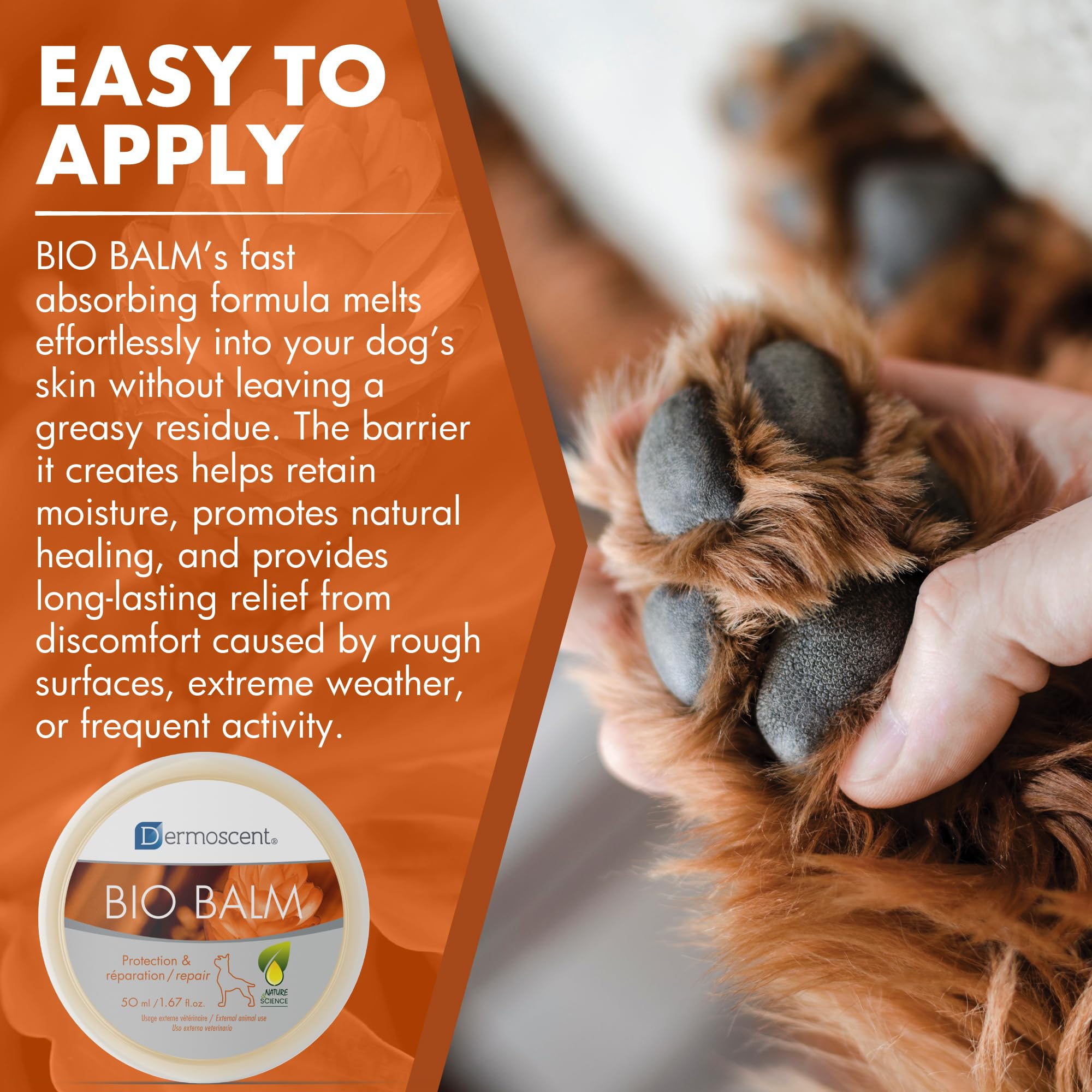 Textura cremosa de Dermoscent Bio Balm, fácil de aplicar en patas.
