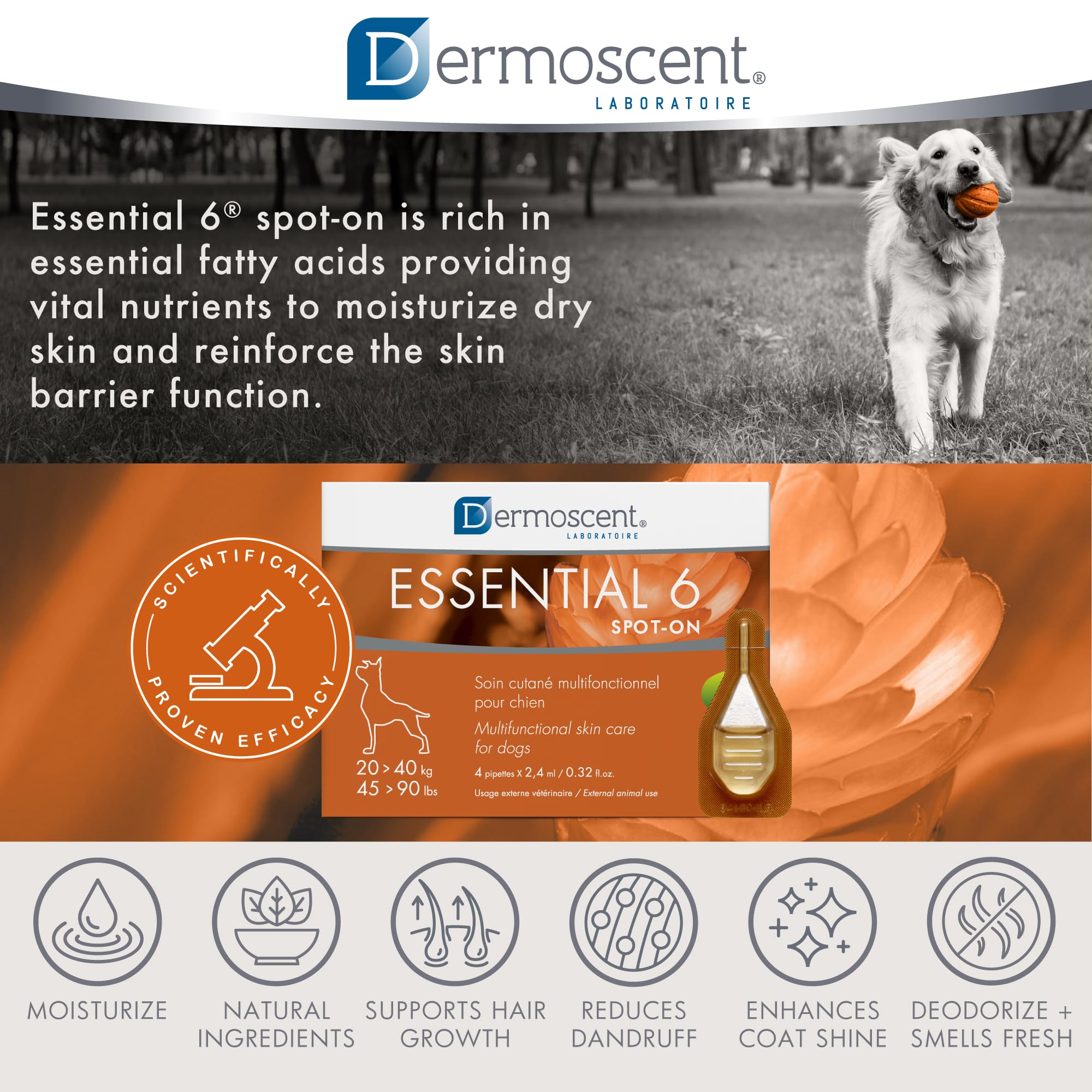 Dermoscent Essential 6: indicado para perros de 20 a 40 kg.