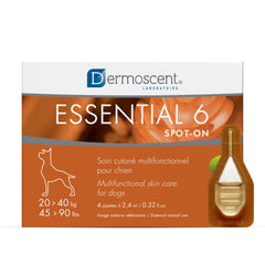 Dermoscent Essential 6: botella con pipetas para aplicación tópica en perros.