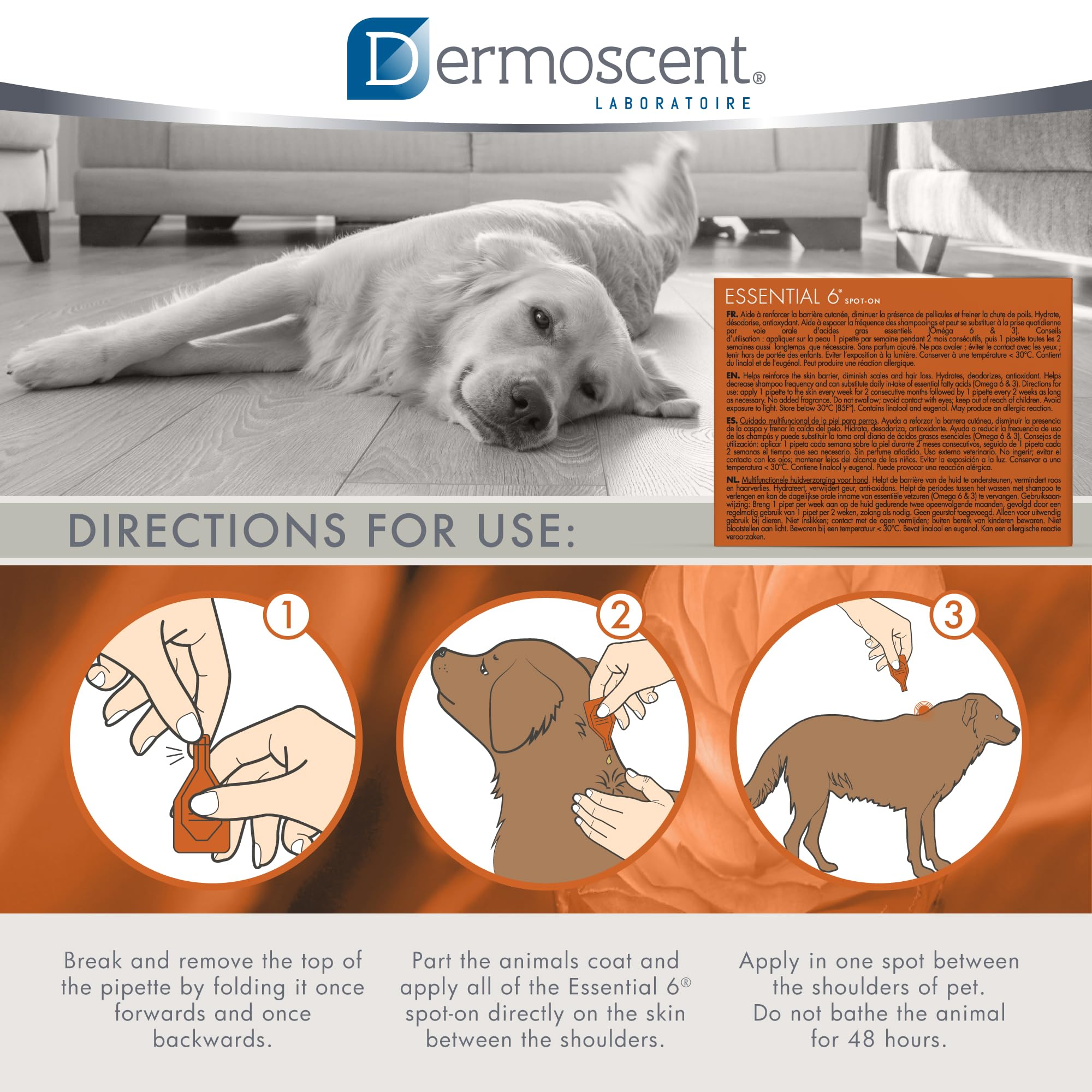 Dermoscent Essential 6: fragancia herbal fresca que desodoriza suavemente.
