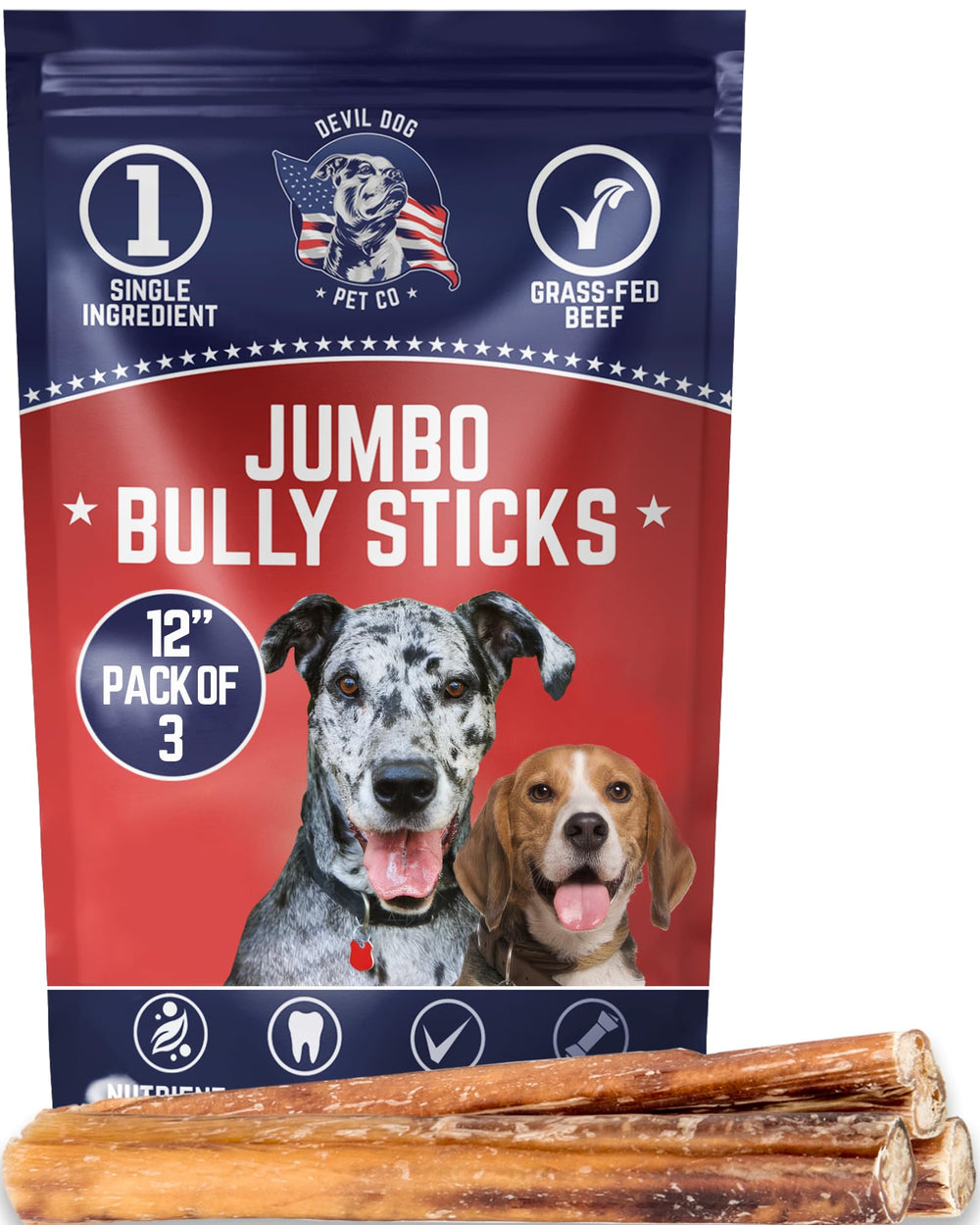 Devil Dog Palitos jumbo de 12 pulgadas en empaque de 3 unidades para perros grandes.