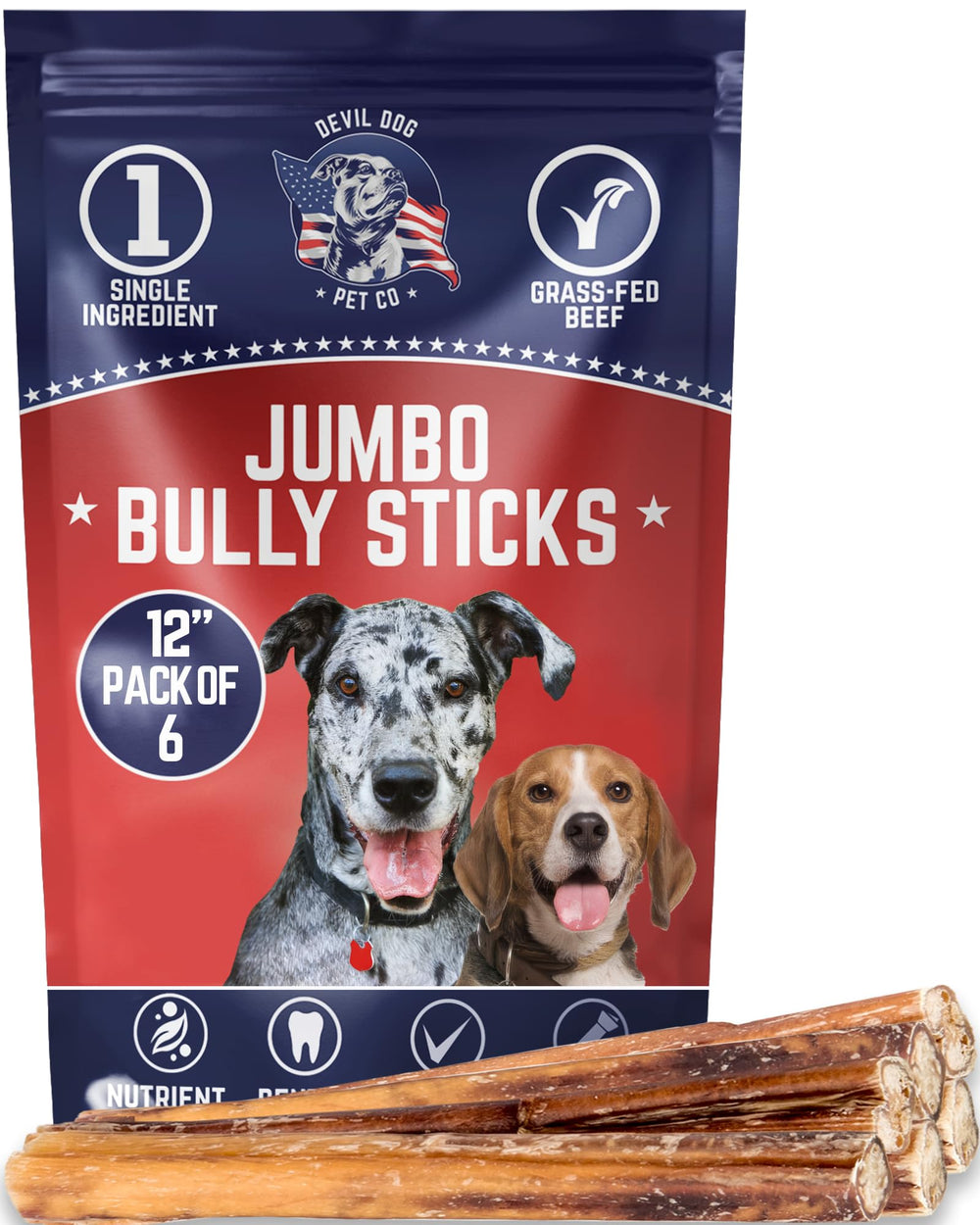 Devil Dog Pet Co palitos de masticacion 12 pulgadas, vista frontal, masticacion segura para perros grandes