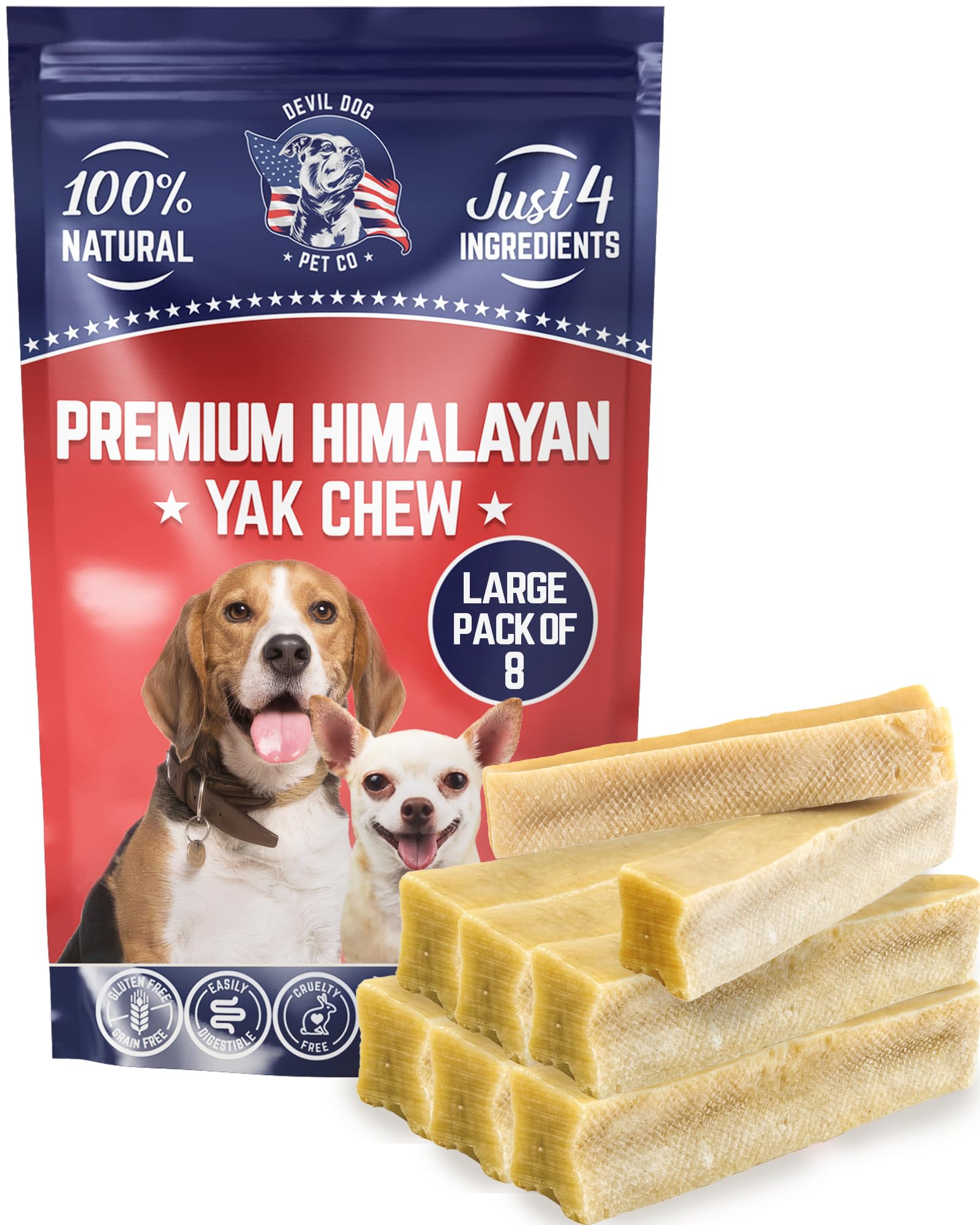 Devil Dog Pet Co Yak Cheese Chews grandes, empaque 8, entretenimiento seguro y concentración