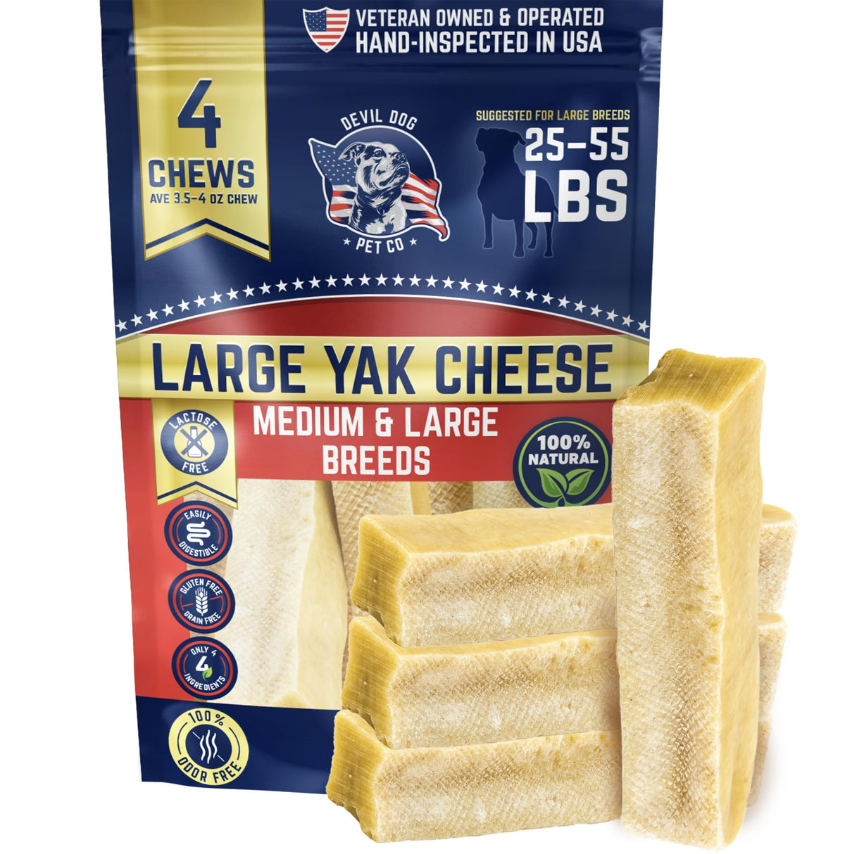 Hueso grande de yak cheese de Devil Dog Pet Co en paquete de cuatro para mordedores fuertes.