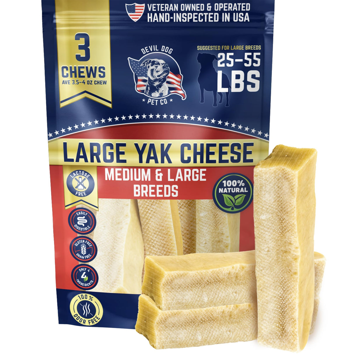 Yak Chews de Devil Dog Pet Co en pack largo tres: masticación prolongada.