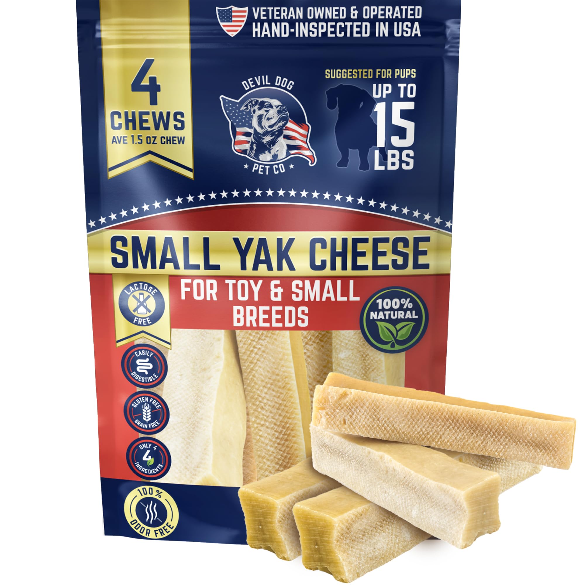 Devil Dog Yak Cheese masticables-4pack-empaque: entretenimiento seguro para perros durante tareas en casa.