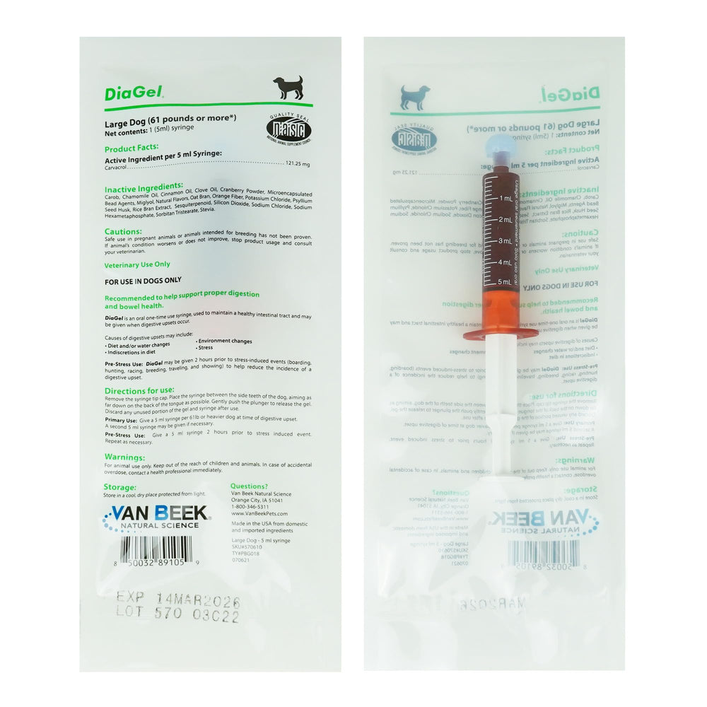 DiaGel Van Beek para perros grandes, dispensador de 5 ml para administración fácil.