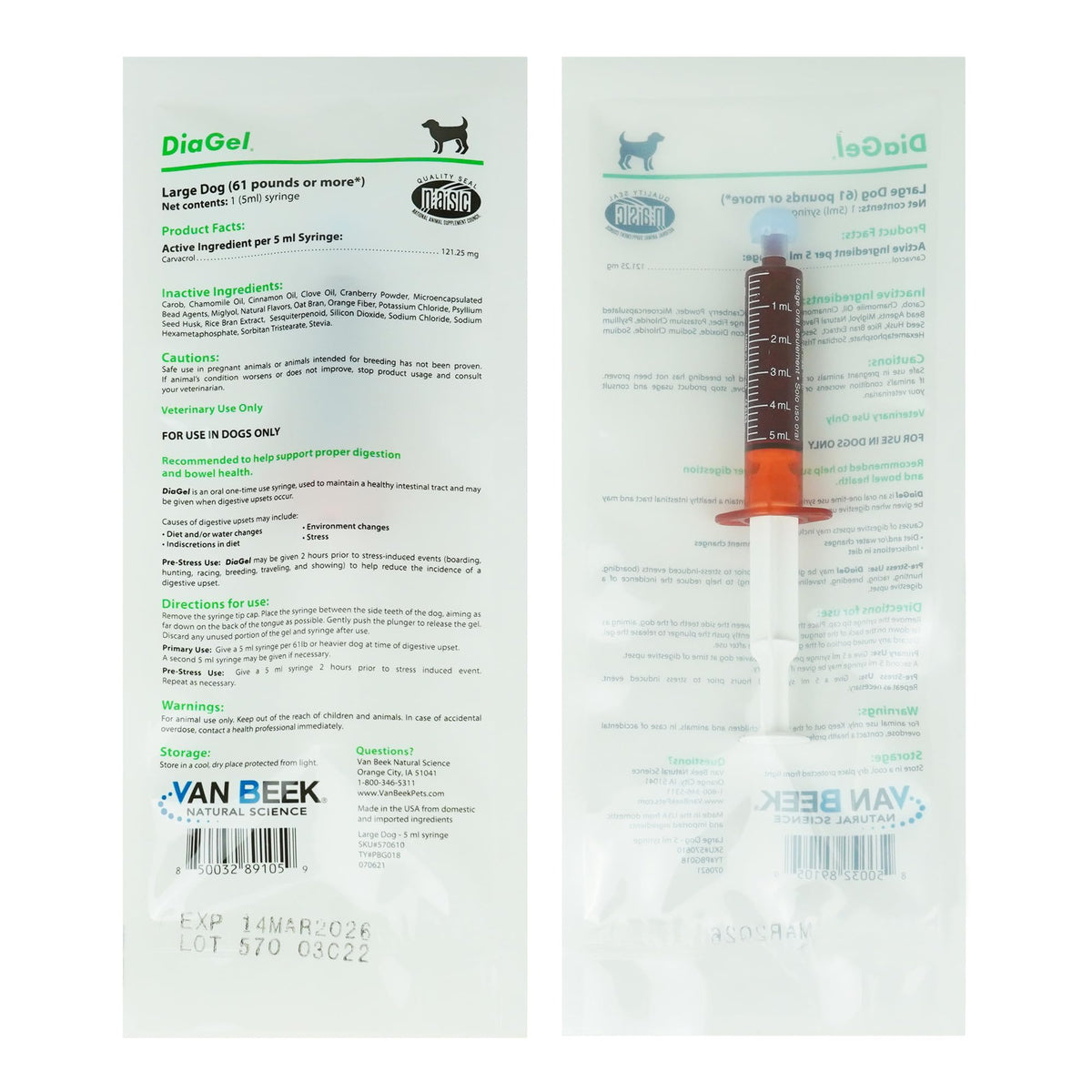 DiaGel Van Beek para perros grandes, dispensador de 5 ml para administración fácil.