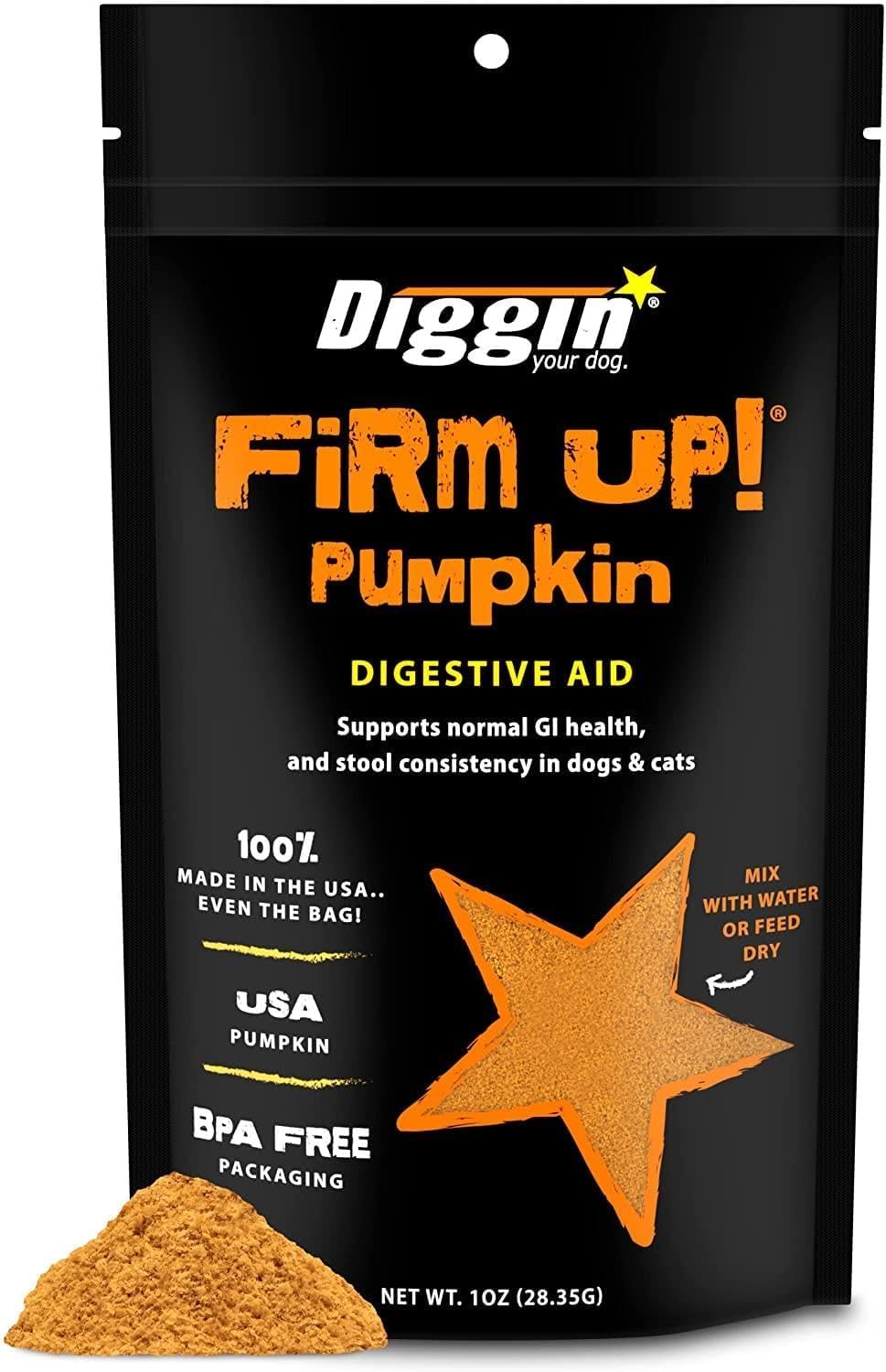 Diggin’ Your Dog Firm Up suplemento de calabaza en botella para perros y gatos.