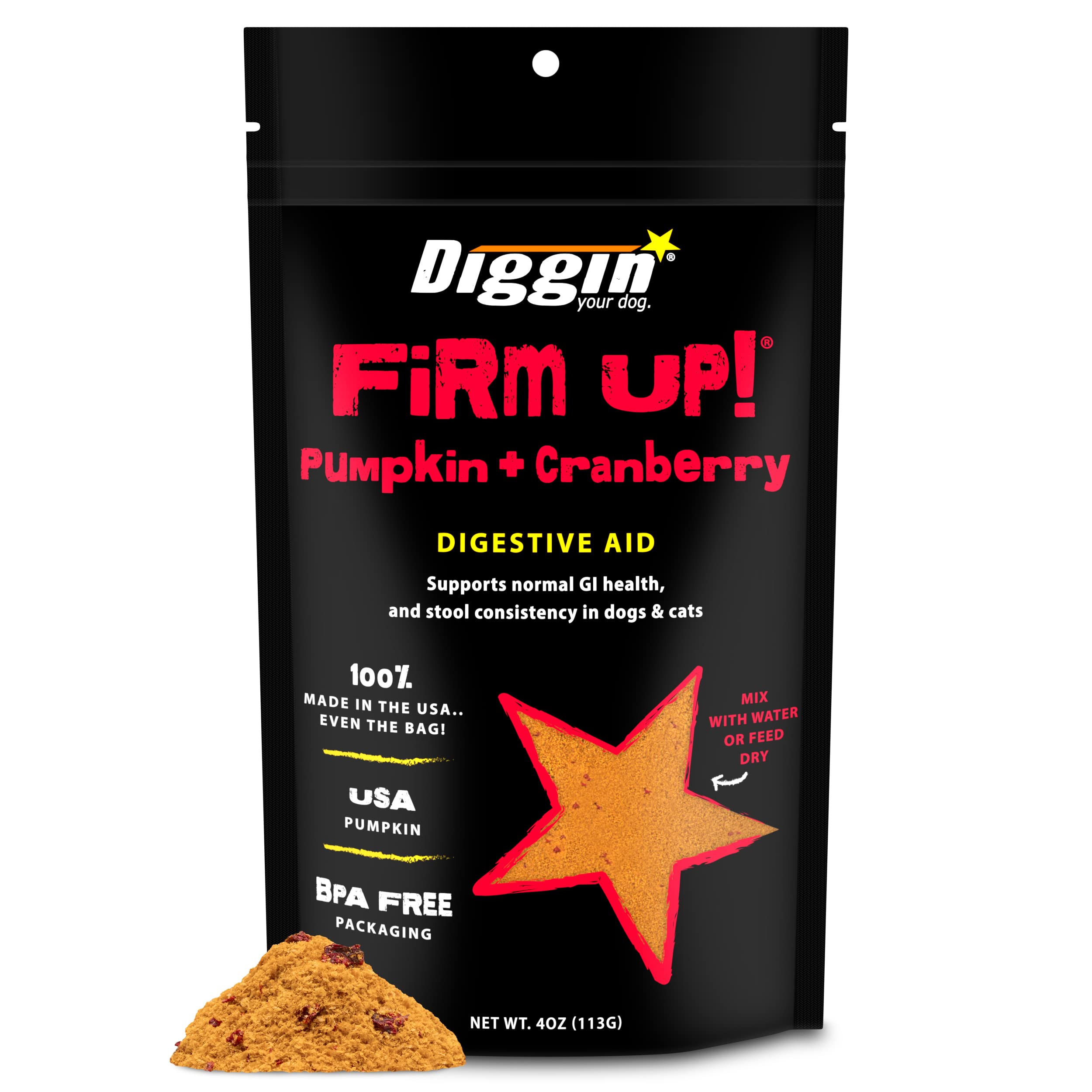 Diggin' Your Dog Firm Up pumpkin powder jar on pantry shelf for easy feeding