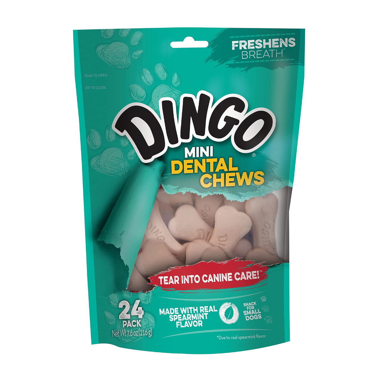 Dingo Denta Treats mini masticables en envase hermético para conservar la frescura.