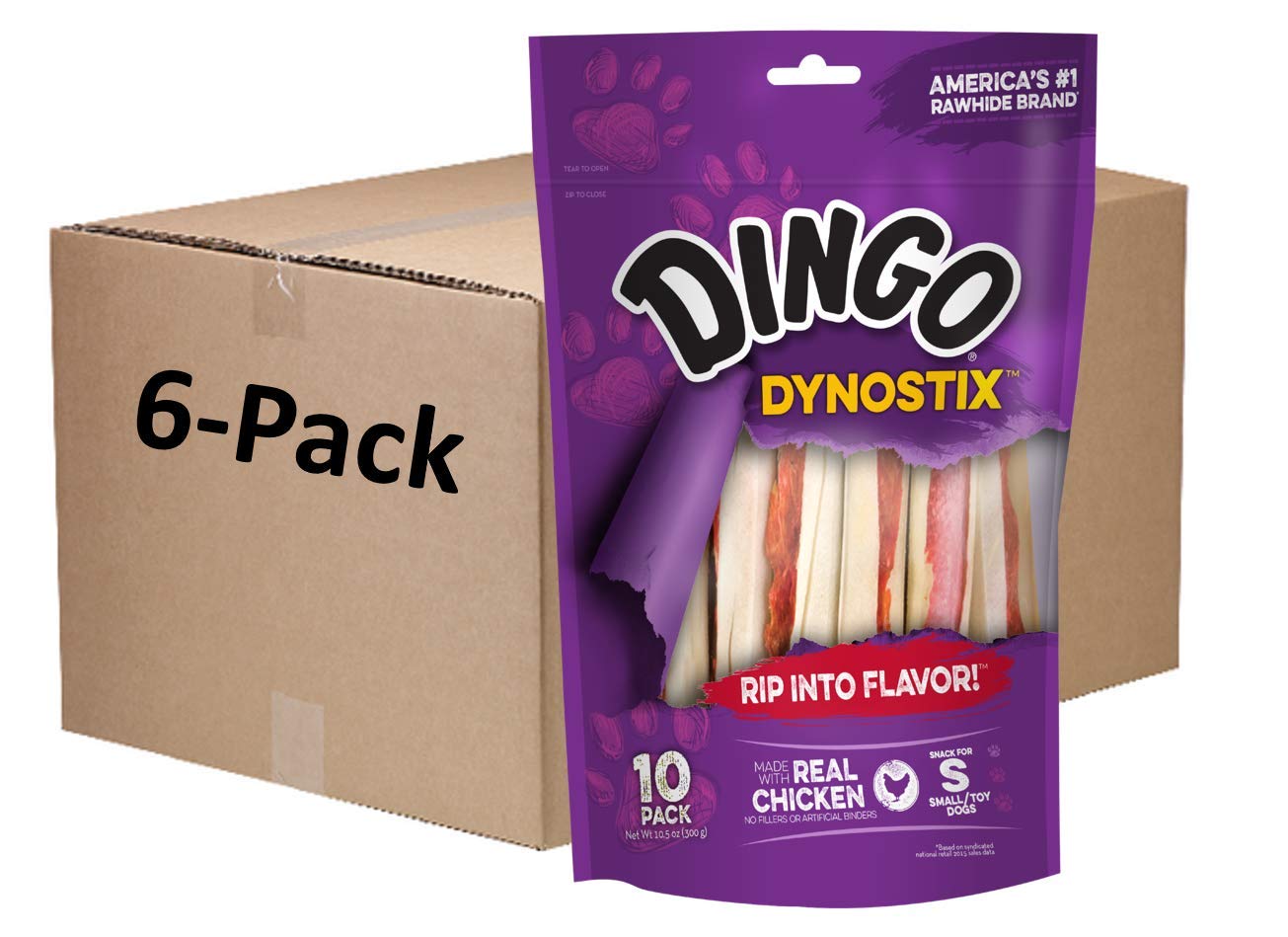 Dingo Dynostix: palitos de pollo real envueltos en cuero crudo, sabor irresistible para perros pequeños.