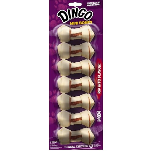 Dingo Mini Bones con pollo real, vista cercana de la textura sabrosa para masticar