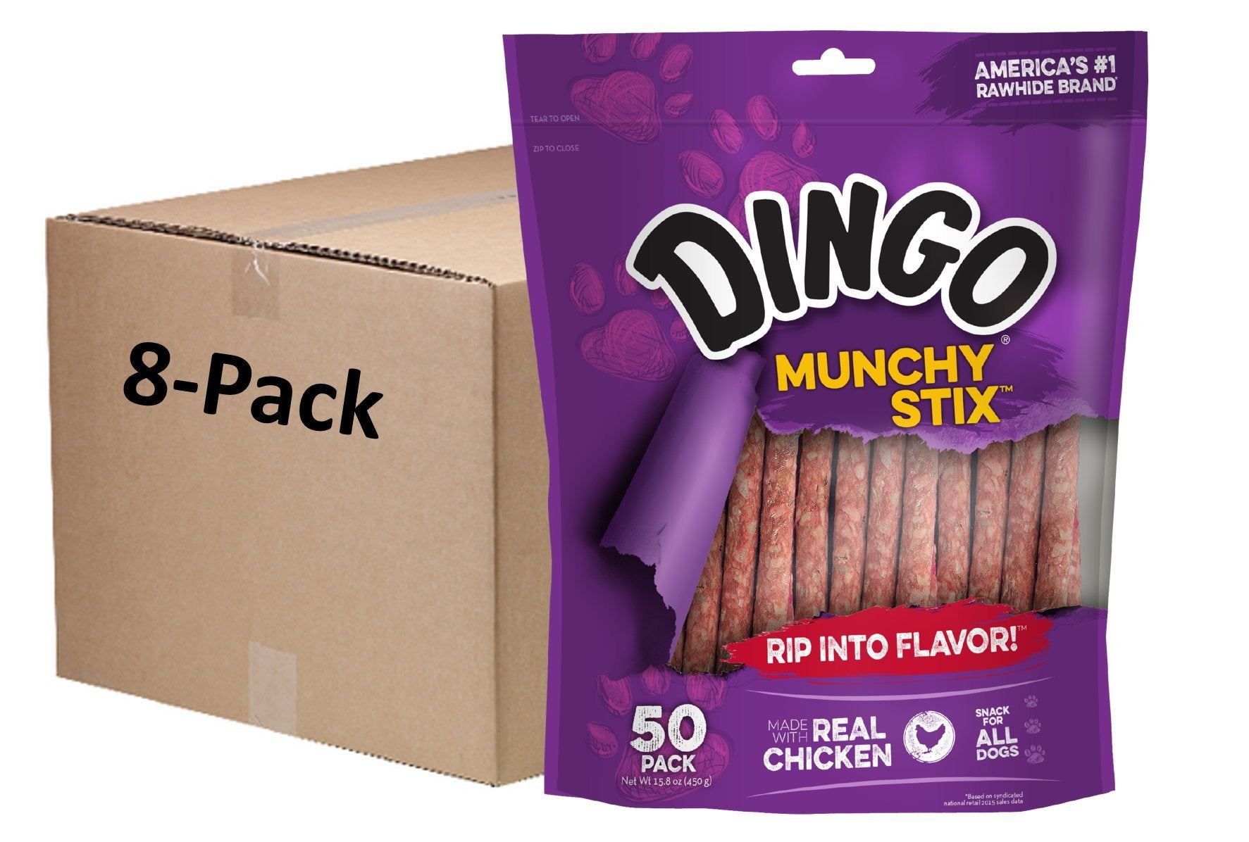 Dingo Munchy Stix con pollo real para perros, sabor duradero.