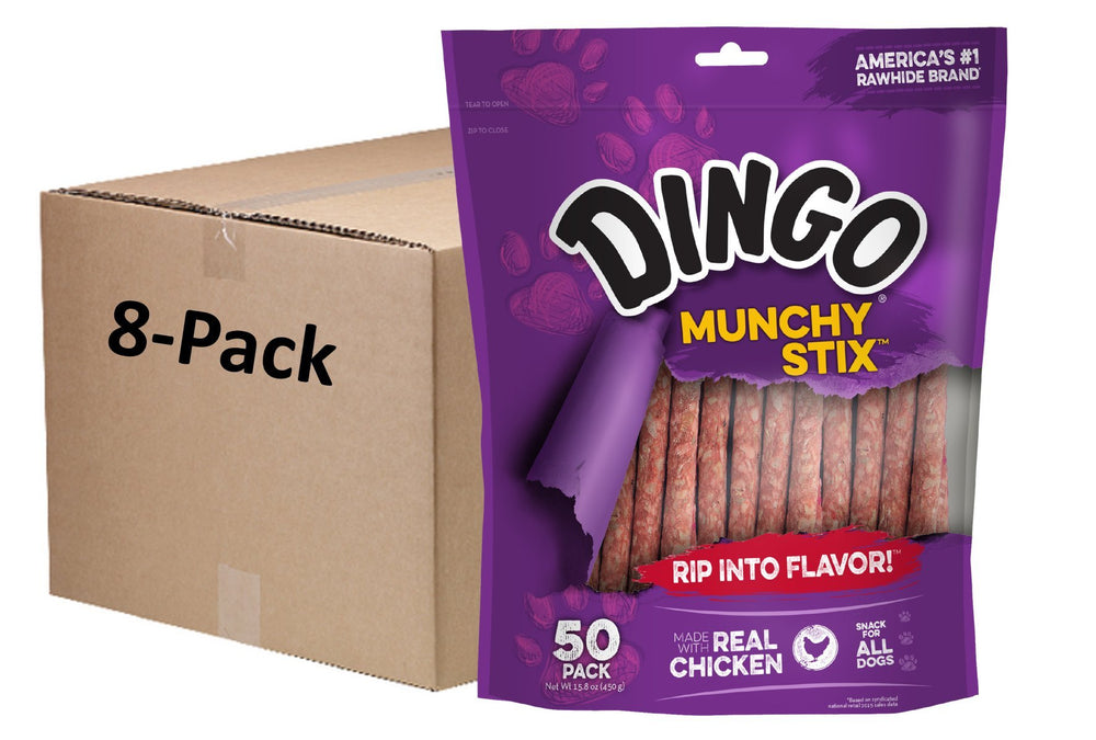 Dingo Munchy Stix con pollo real para perros, sabor duradero.
