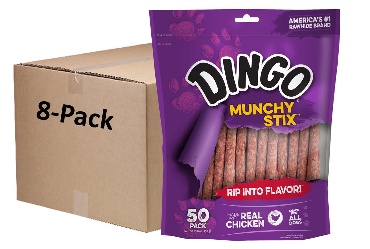 Dingo Munchy Stix con pollo real para perros, sabor duradero.