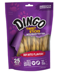 Dingo palitos en espiral con mantequilla de maní; sabor irresistible para perros.
