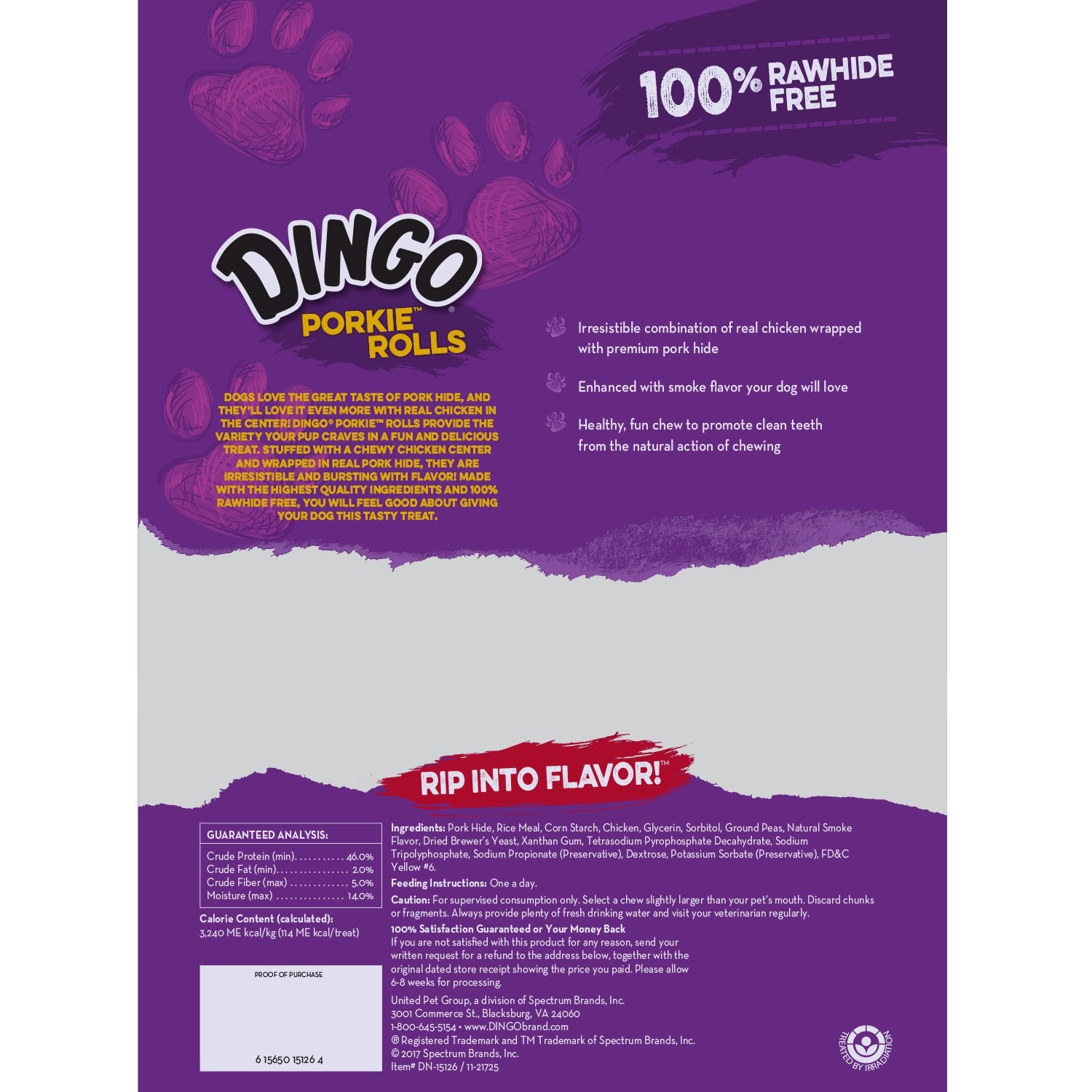 Centro de pollo visible en Dingo Porkie Rollos, experiencia sabrosa para tu perro.