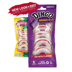 Dingo Ringo-o-o perro masticando anillo, sabor pollo, entretenimiento saludable.