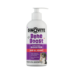 Dinovite BeneBoost, botella vertida sobre comida, apoyo diario a la movilidad de perros.