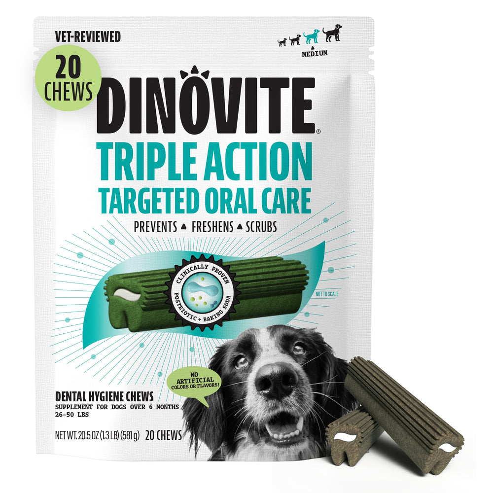Dinovite Bocados Dentales para Perros, empaque visible para cuidado bucal práctico.
