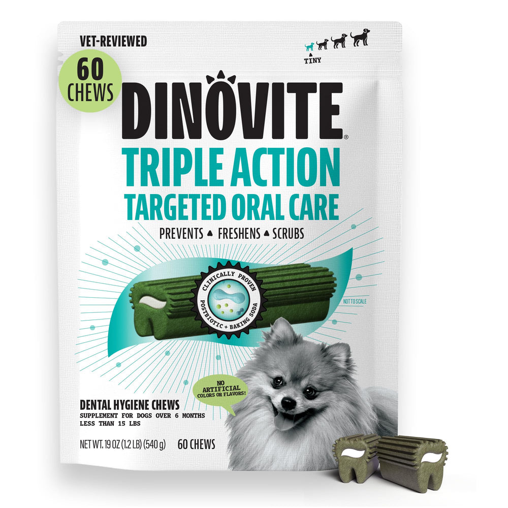 Dinovite masticables dentales en empaque para perros, fortalecen la higiene bucal.