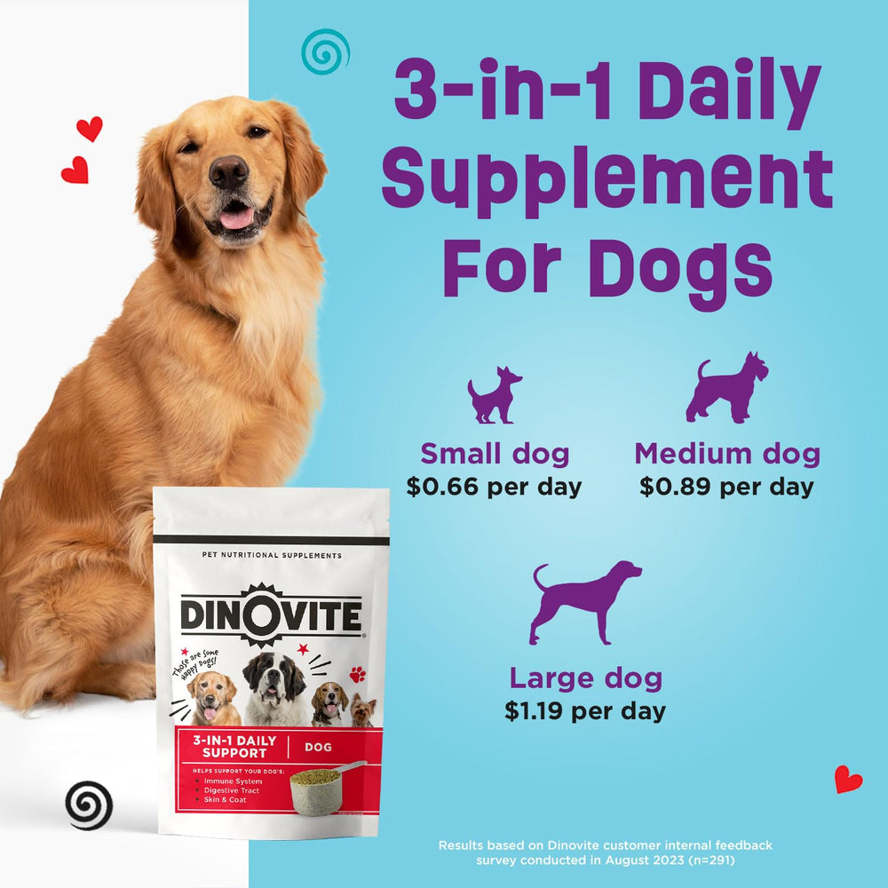Dinovite dosis diaria para perros grandes, fácil de agregar a la comida.
