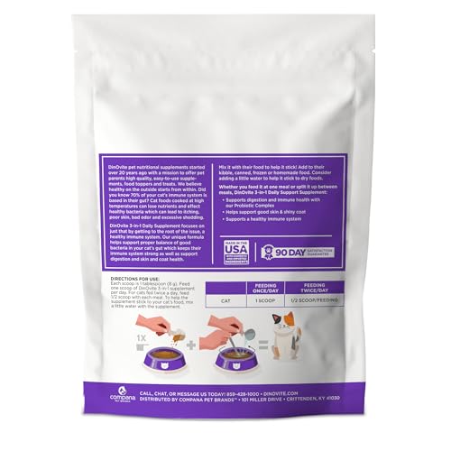 Complejo prebiótico y probiótico de Dinovite mejora la digestión y la salud intestinal del gato.