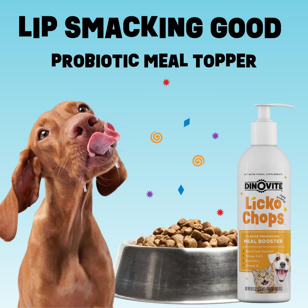 Dinovite Lickochops, mezcla suave en comida, ideal para incorporar en la dieta diaria.