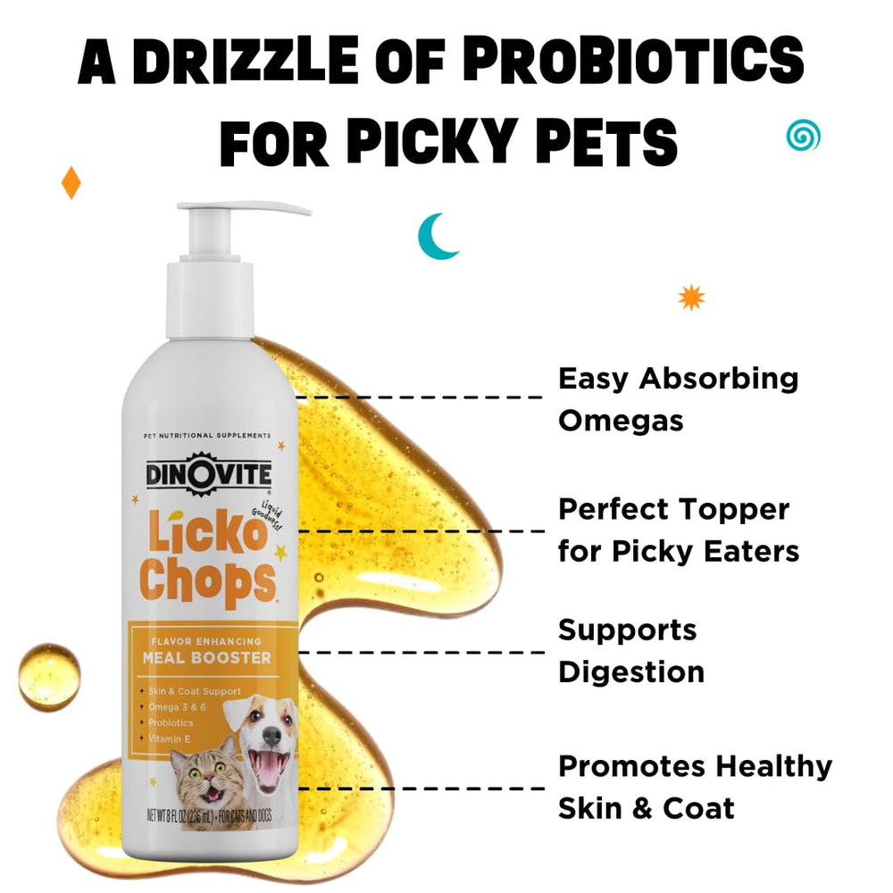 Dinovite Lickochops, textura oleosa sin olor a pescado, sabor agradable para perros y gatos.