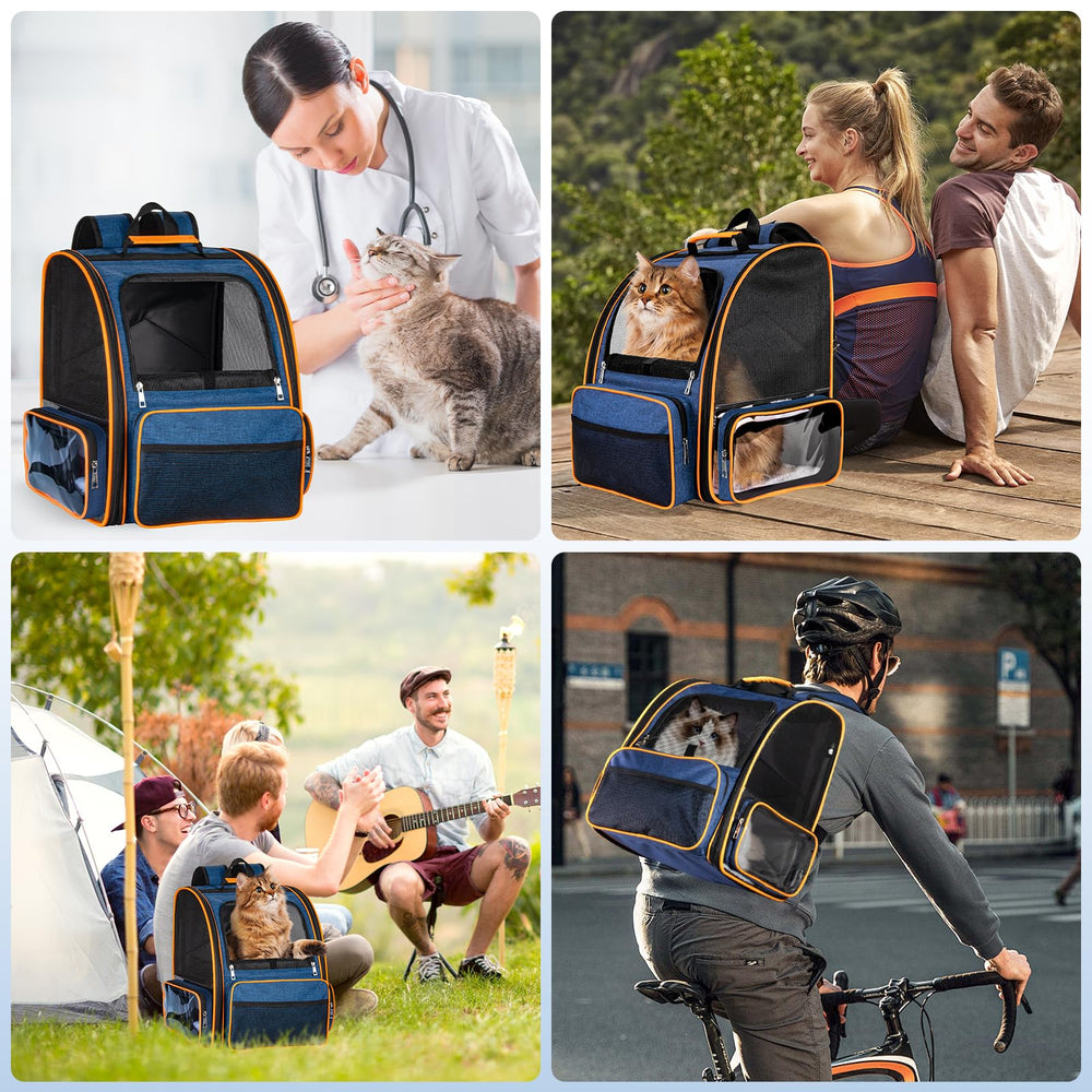 Discala Mochila porta-mascotas versión azul para transporte cómodo.