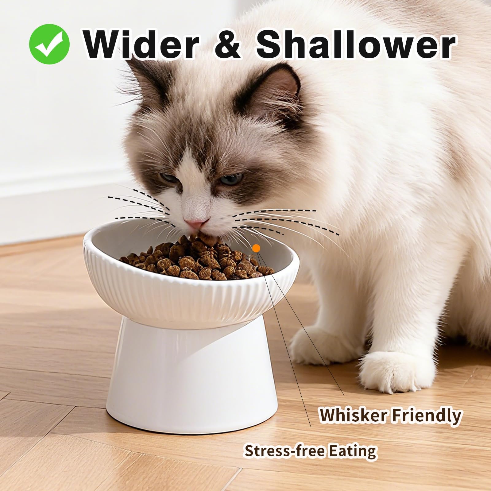 Cuenco elevado cerámico para gatos, diseño ergonómico para cuello cómodo.