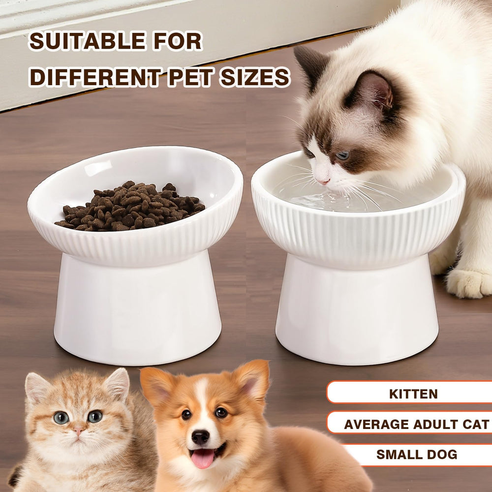 Cuenco elevado cerámico para gatos, detalles de rayas verticales con estilo.