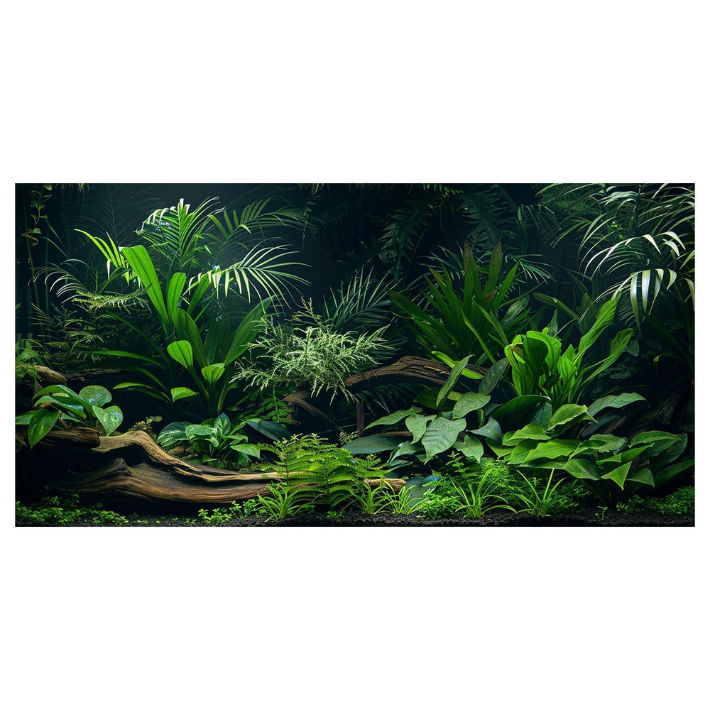 Fondo Dizifinn para acuario con plantas acuáticas y paisaje de río, profundidad visual.